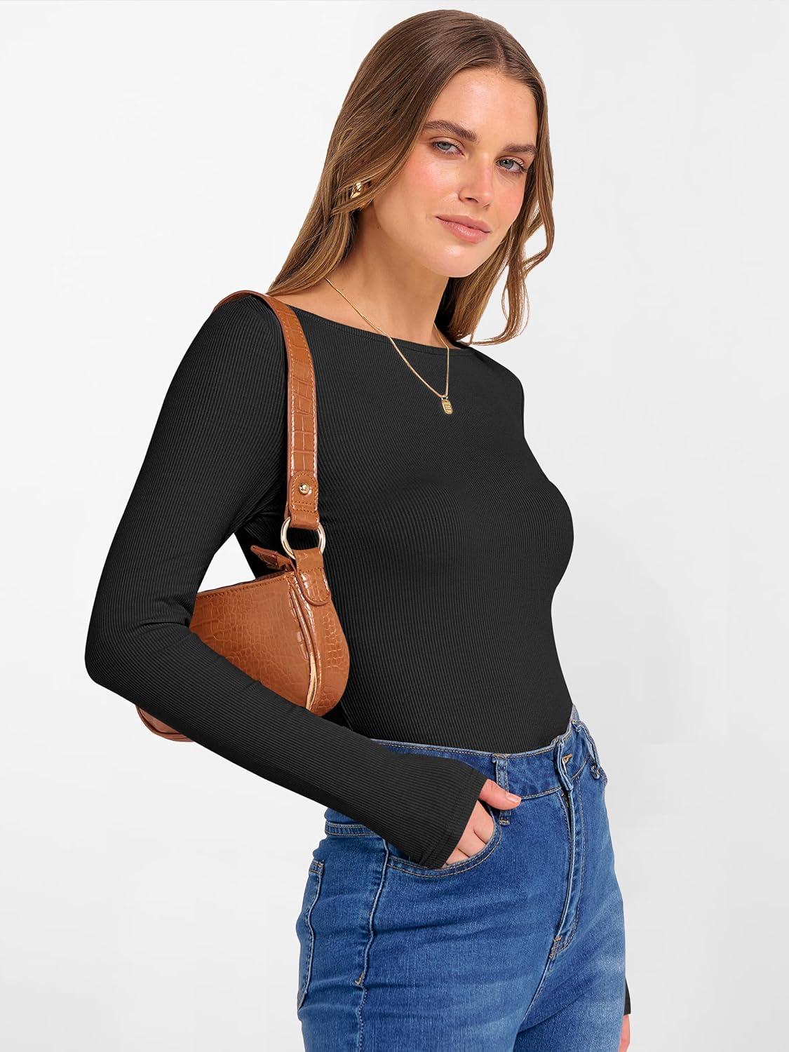 imageANRABESS Womens Boat Neck Long Sleeve Shirts Rib Knit Slim Fitting Tops Basic Tees 2025 Casual Comfy Fall Outfits ClothesBlack