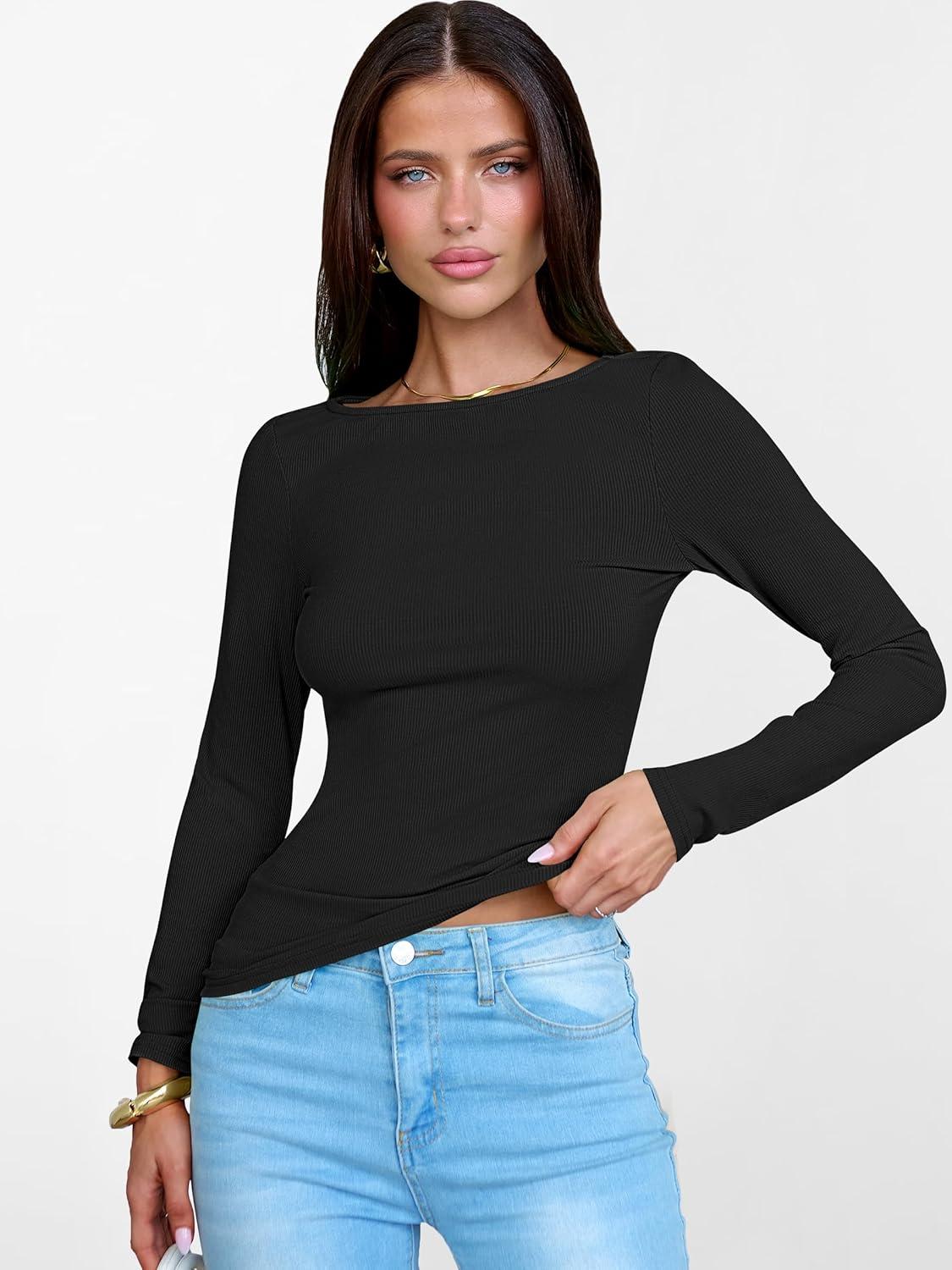 imageANRABESS Womens Boat Neck Long Sleeve Shirts Rib Knit Slim Fitting Tops Basic Tees 2025 Casual Comfy Fall Outfits ClothesBlack