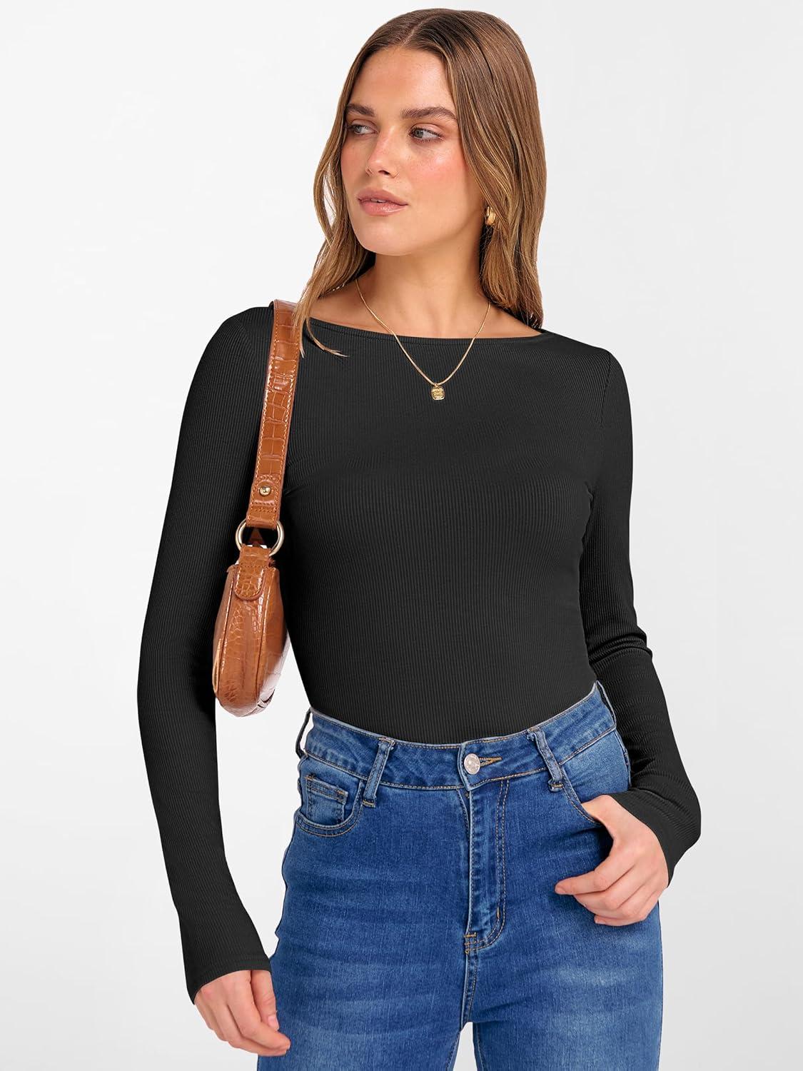 imageANRABESS Womens Boat Neck Long Sleeve Shirts Rib Knit Slim Fitting Tops Basic Tees 2025 Casual Comfy Fall Outfits ClothesBlack