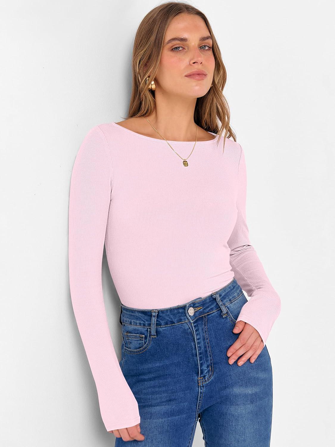 imageANRABESS Womens Boat Neck Long Sleeve Shirts Rib Knit Slim Fitting Tops Basic Tees 2025 Casual Comfy Fall Outfits ClothesBright Pink