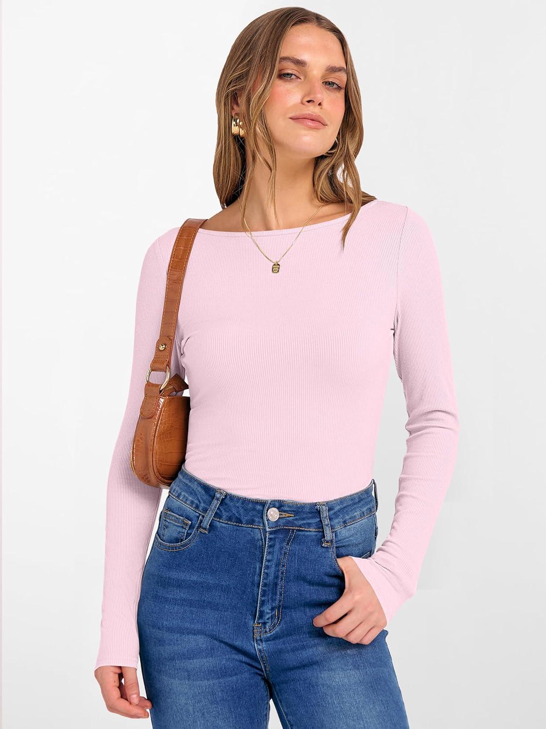 imageANRABESS Womens Boat Neck Long Sleeve Shirts Rib Knit Slim Fitting Tops Basic Tees 2025 Casual Comfy Fall Outfits ClothesBright Pink