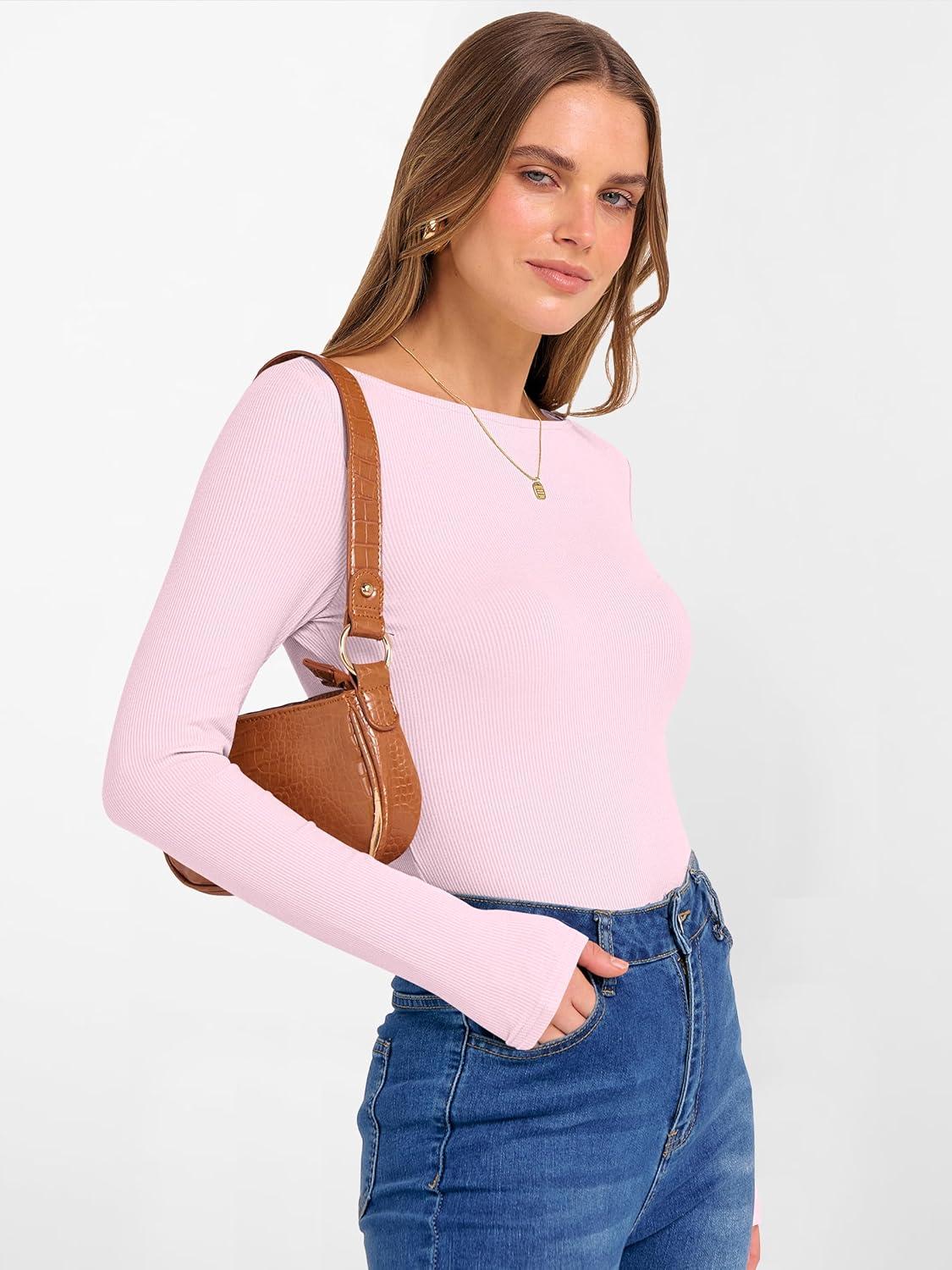imageANRABESS Womens Boat Neck Long Sleeve Shirts Rib Knit Slim Fitting Tops Basic Tees 2025 Casual Comfy Fall Outfits ClothesBright Pink