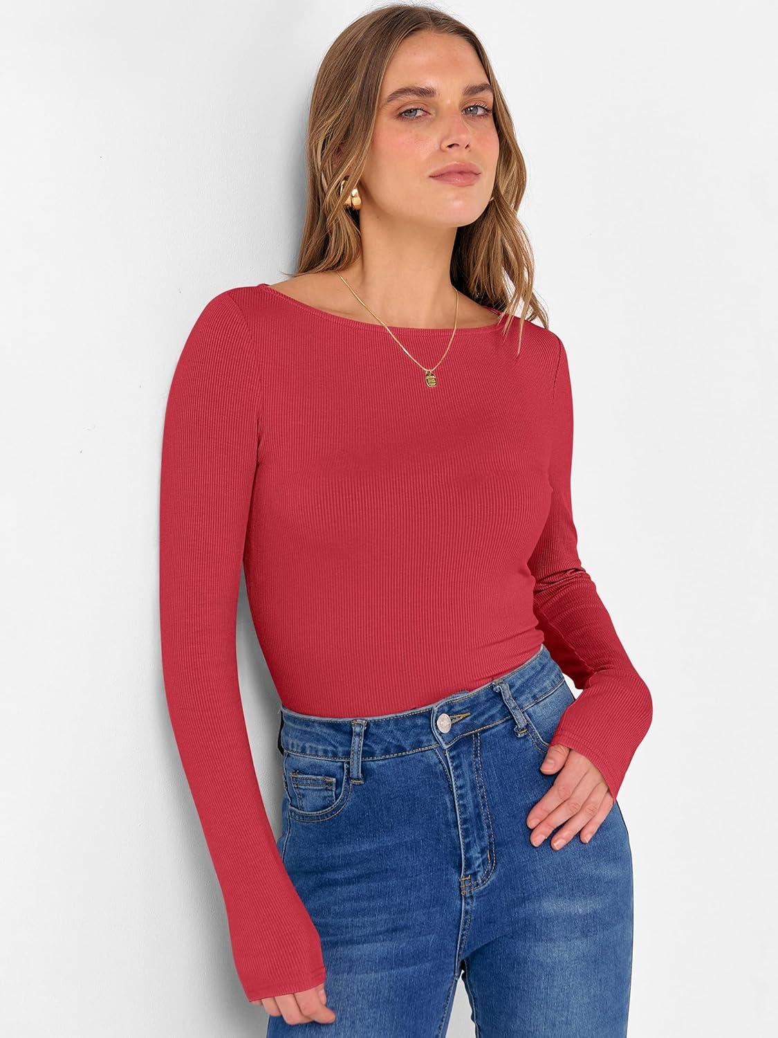 imageANRABESS Womens Boat Neck Long Sleeve Shirts Rib Knit Slim Fitting Tops Basic Tees 2025 Casual Comfy Fall Outfits ClothesBright Red