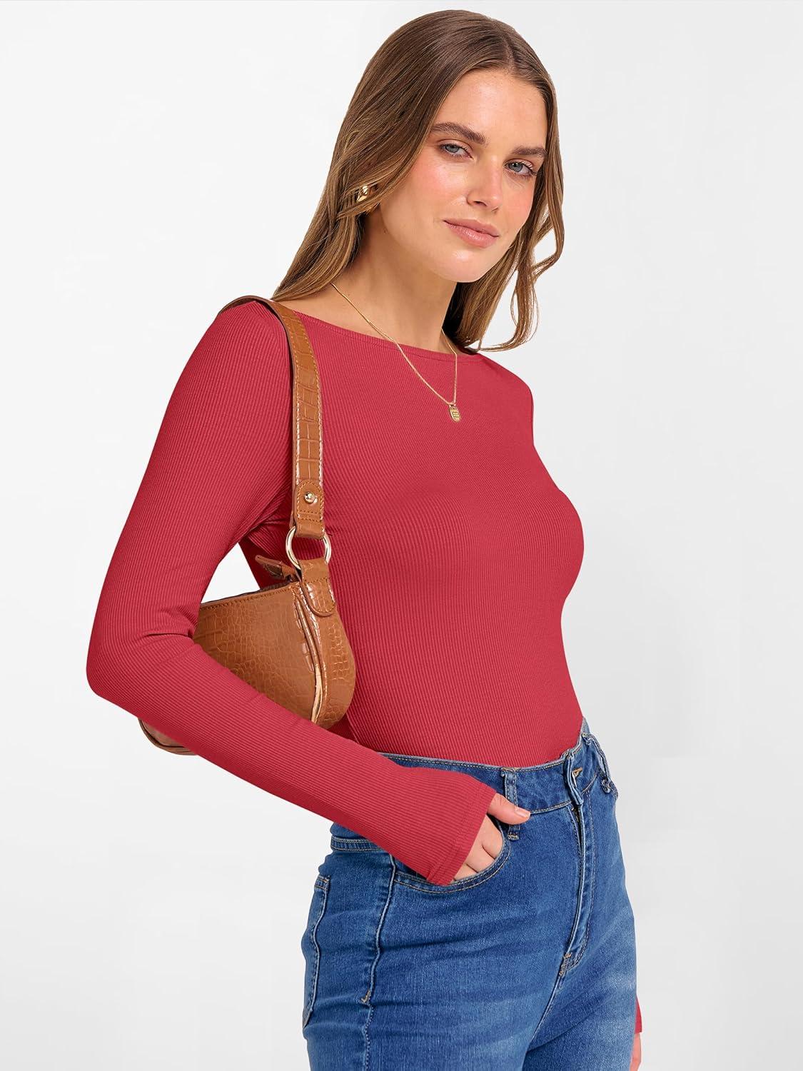 imageANRABESS Womens Boat Neck Long Sleeve Shirts Rib Knit Slim Fitting Tops Basic Tees 2025 Casual Comfy Fall Outfits ClothesBright Red