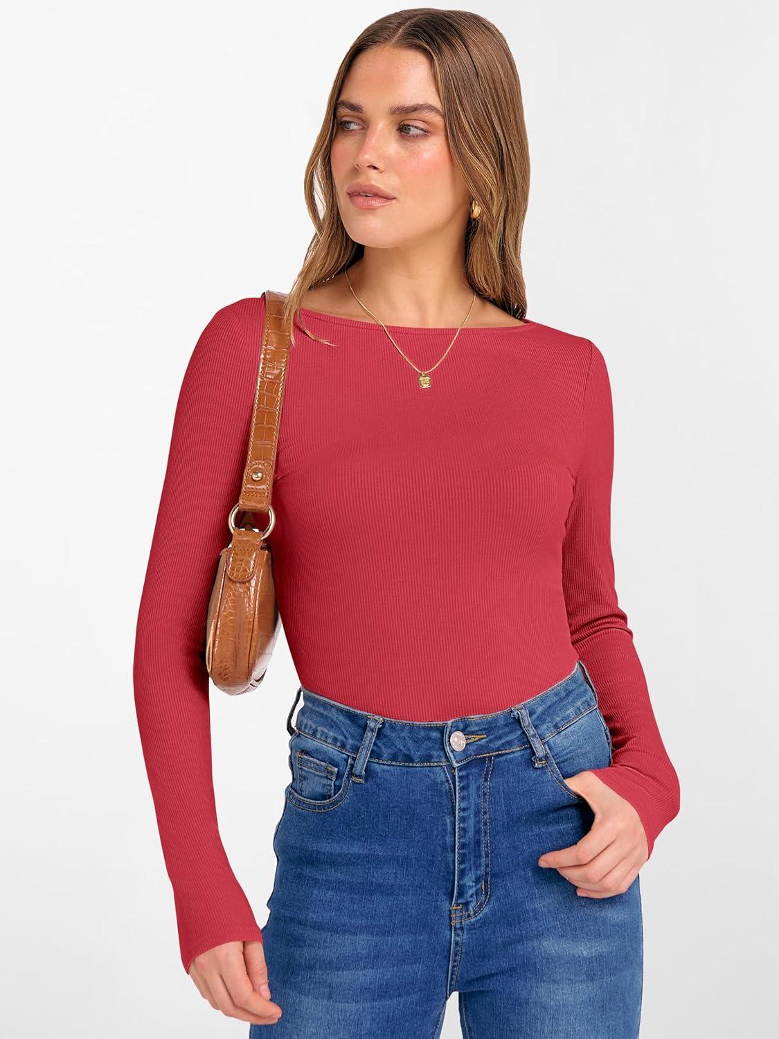 imageANRABESS Womens Boat Neck Long Sleeve Shirts Rib Knit Slim Fitting Tops Basic Tees 2025 Casual Comfy Fall Outfits ClothesBright Red