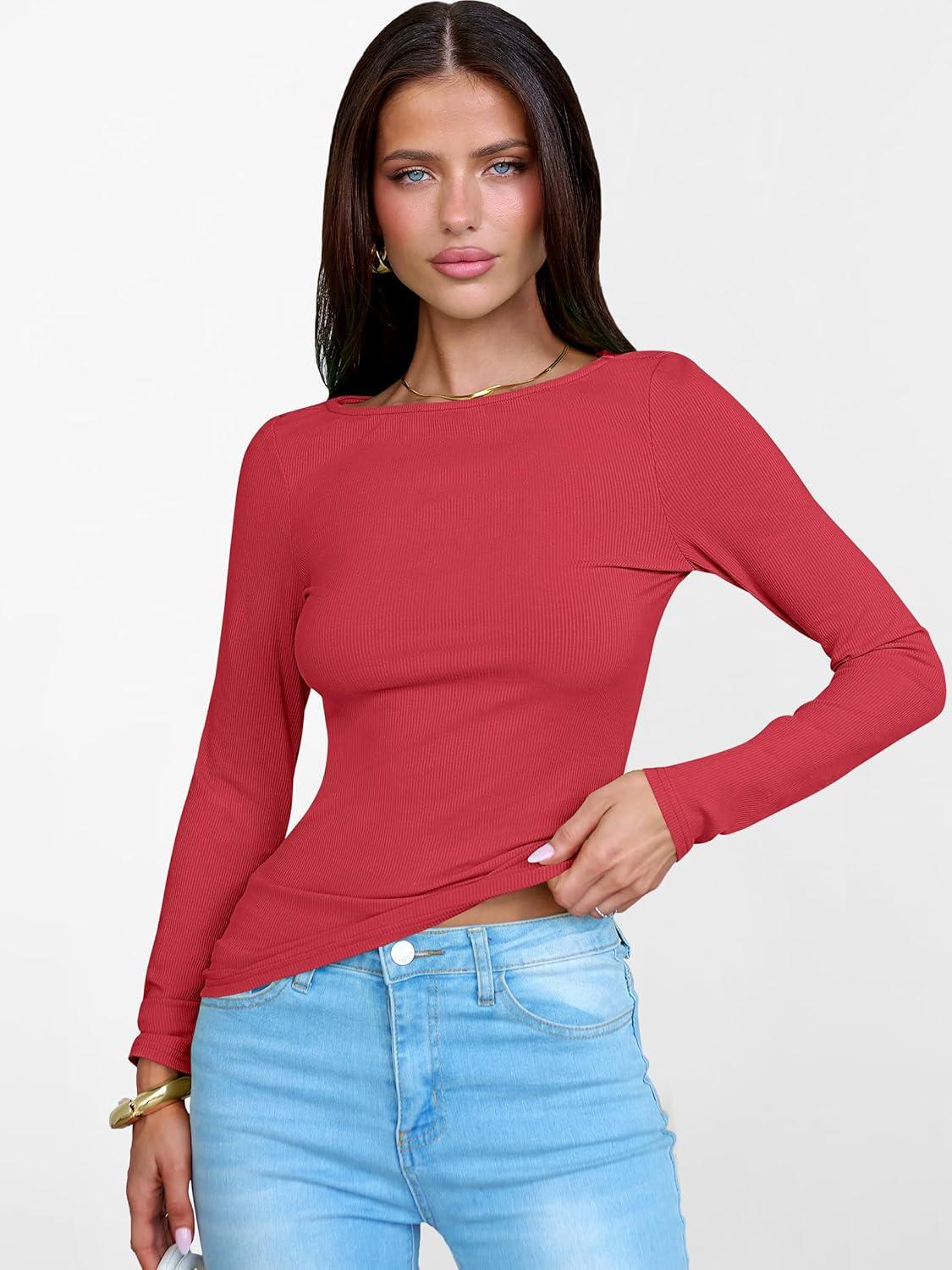 imageANRABESS Womens Boat Neck Long Sleeve Shirts Rib Knit Slim Fitting Tops Basic Tees 2025 Casual Comfy Fall Outfits ClothesBright Red