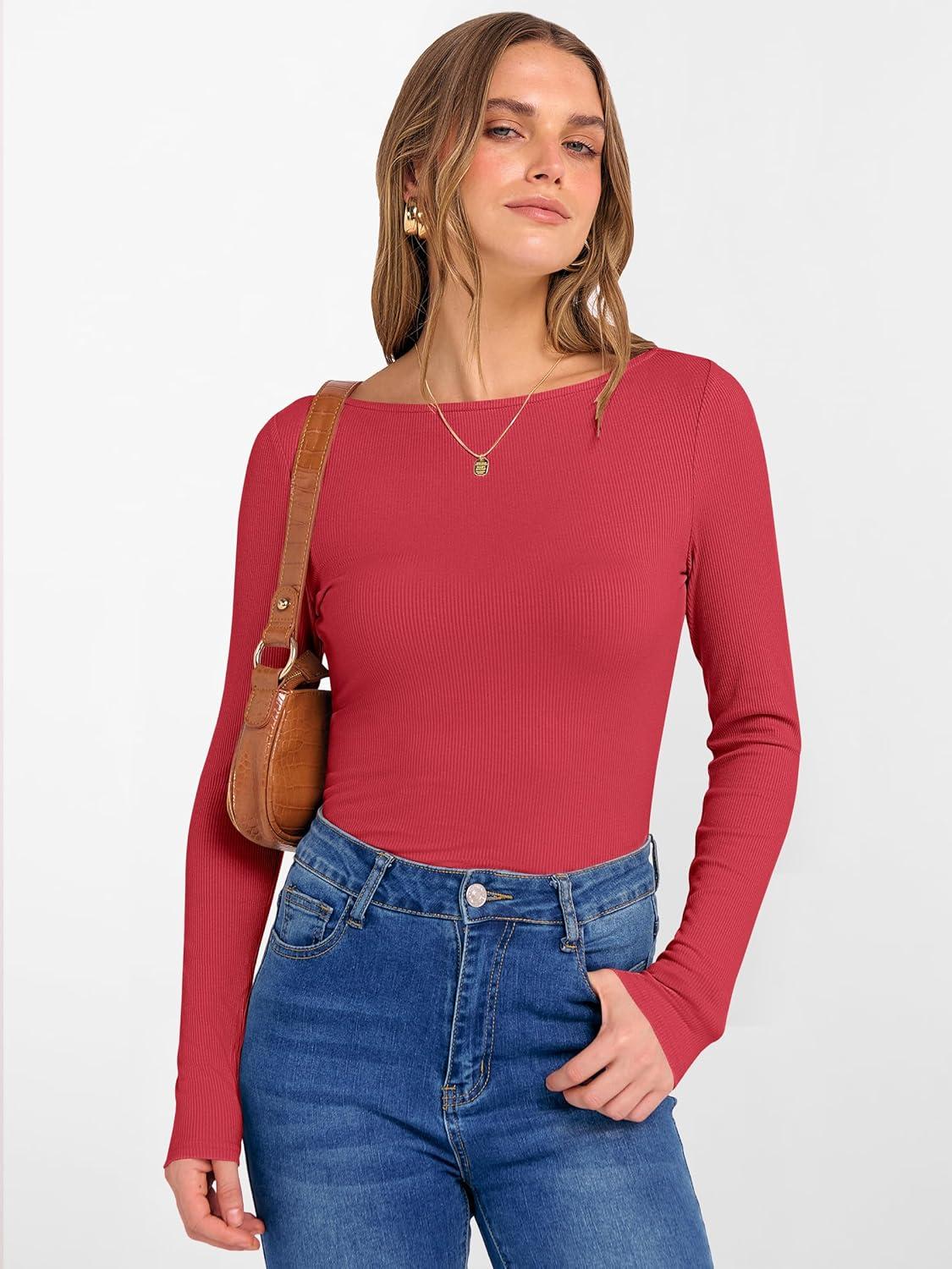 imageANRABESS Womens Boat Neck Long Sleeve Shirts Rib Knit Slim Fitting Tops Basic Tees 2025 Casual Comfy Fall Outfits ClothesBright Red