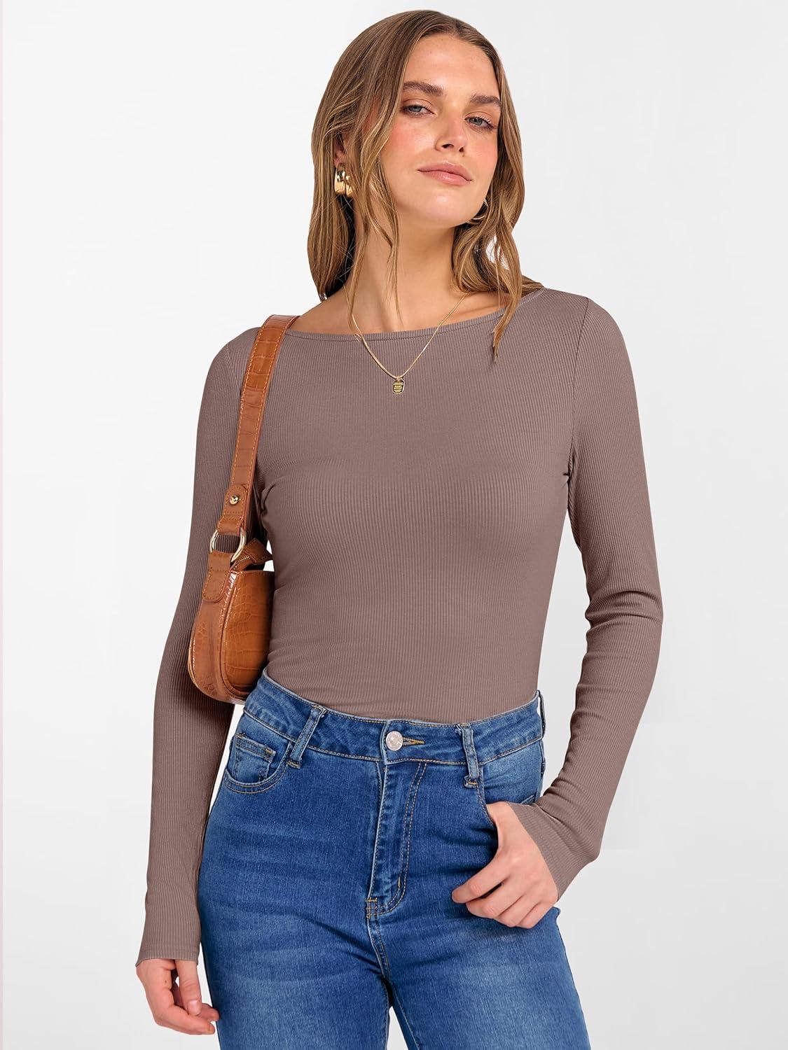 imageANRABESS Womens Boat Neck Long Sleeve Shirts Rib Knit Slim Fitting Tops Basic Tees 2025 Casual Comfy Fall Outfits ClothesBrown