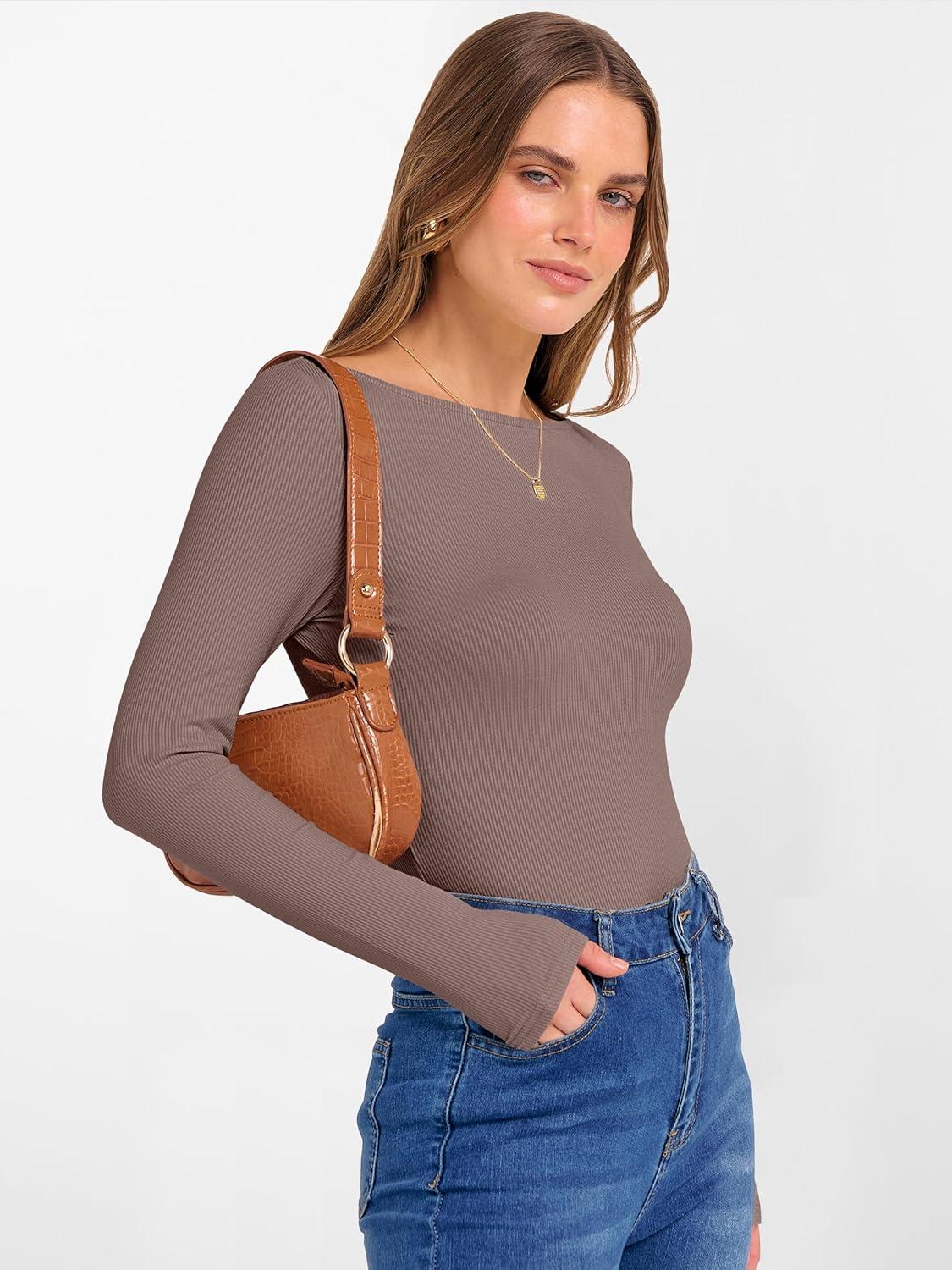 imageANRABESS Womens Boat Neck Long Sleeve Shirts Rib Knit Slim Fitting Tops Basic Tees 2025 Casual Comfy Fall Outfits ClothesBrown