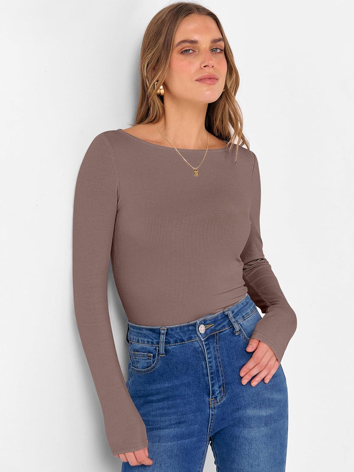 imageANRABESS Womens Boat Neck Long Sleeve Shirts Rib Knit Slim Fitting Tops Basic Tees 2025 Casual Comfy Fall Outfits ClothesBrown