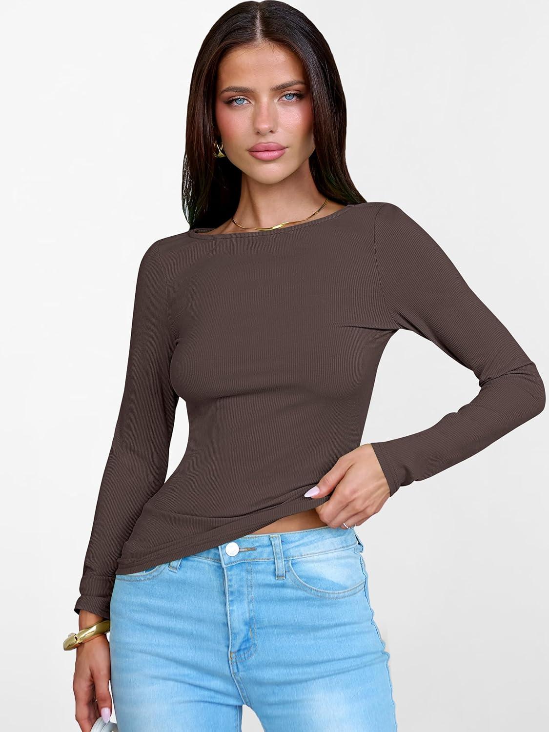 imageANRABESS Womens Boat Neck Long Sleeve Shirts Rib Knit Slim Fitting Tops Basic Tees 2025 Casual Comfy Fall Outfits ClothesBrownbeige