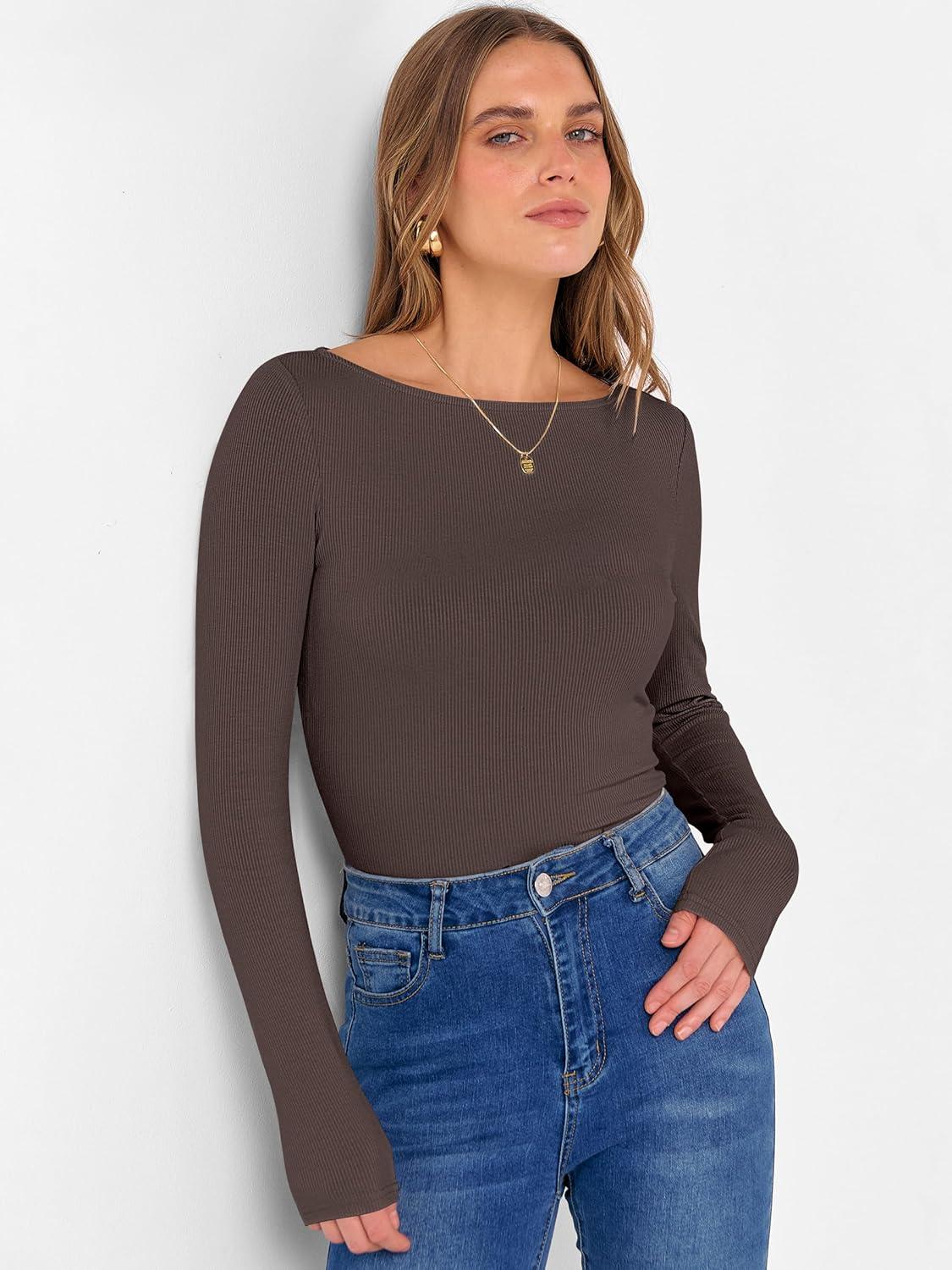 imageANRABESS Womens Boat Neck Long Sleeve Shirts Rib Knit Slim Fitting Tops Basic Tees 2025 Casual Comfy Fall Outfits ClothesBrownbeige