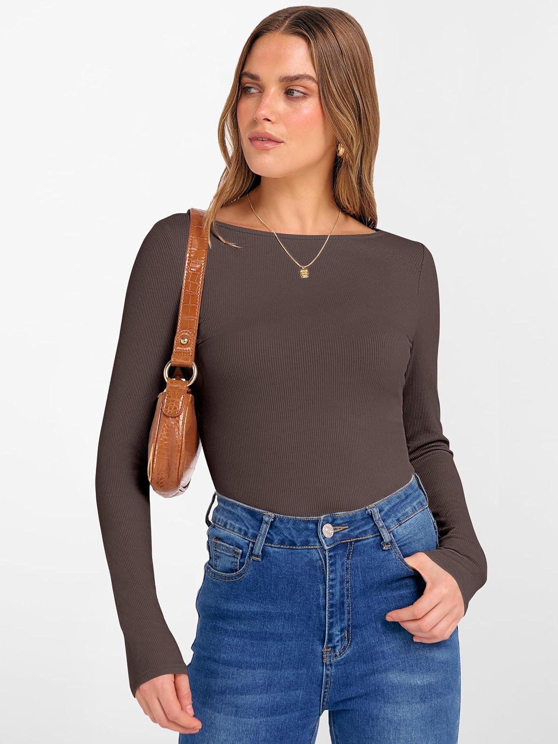 imageANRABESS Womens Boat Neck Long Sleeve Shirts Rib Knit Slim Fitting Tops Basic Tees 2025 Casual Comfy Fall Outfits ClothesBrownbeige