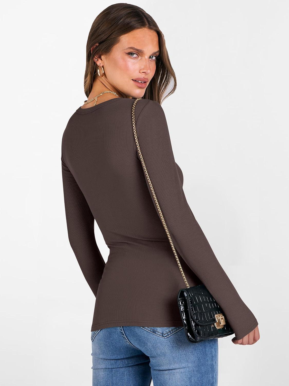 imageANRABESS Womens Boat Neck Long Sleeve Shirts Rib Knit Slim Fitting Tops Basic Tees 2025 Casual Comfy Fall Outfits ClothesBrownbeige