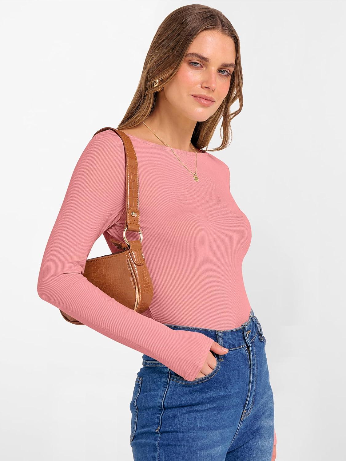 imageANRABESS Womens Boat Neck Long Sleeve Shirts Rib Knit Slim Fitting Tops Basic Tees 2025 Casual Comfy Fall Outfits ClothesCoral Pink
