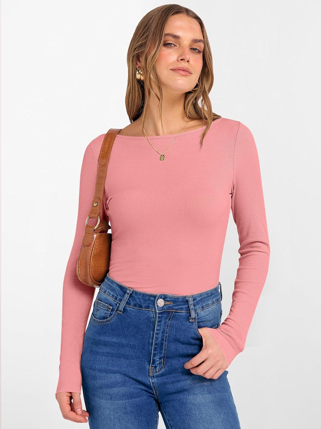imageANRABESS Womens Boat Neck Long Sleeve Shirts Rib Knit Slim Fitting Tops Basic Tees 2025 Casual Comfy Fall Outfits ClothesCoral Pink