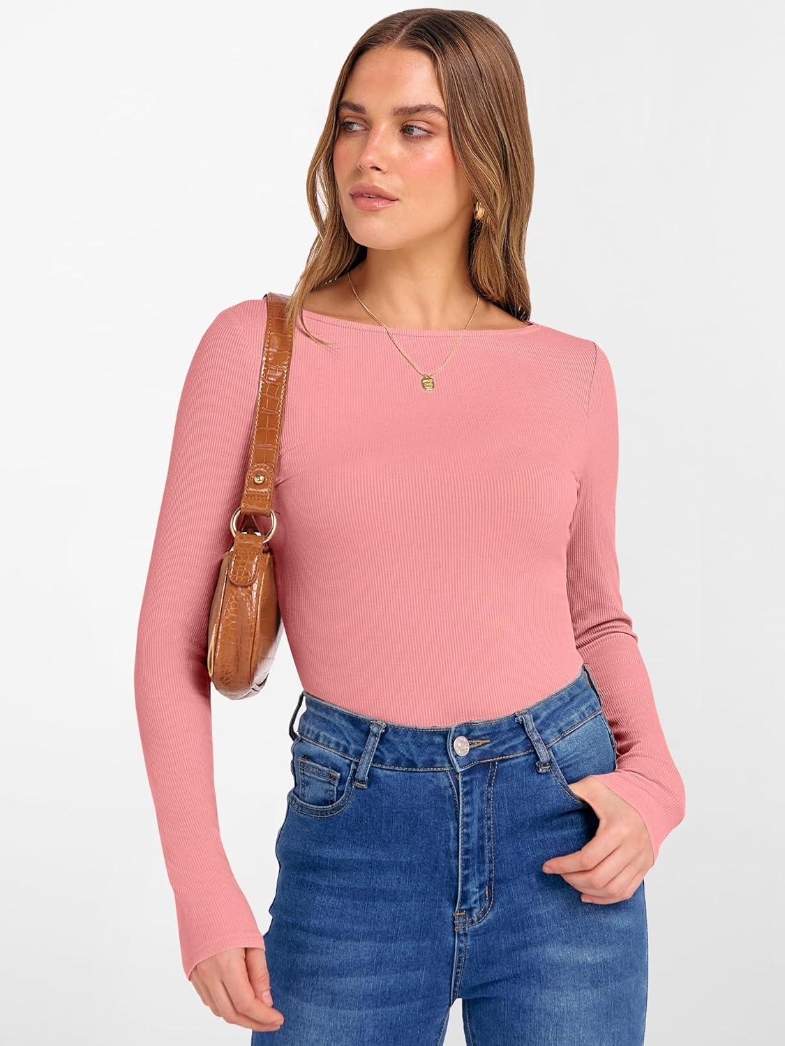 imageANRABESS Womens Boat Neck Long Sleeve Shirts Rib Knit Slim Fitting Tops Basic Tees 2025 Casual Comfy Fall Outfits ClothesCoral Pink