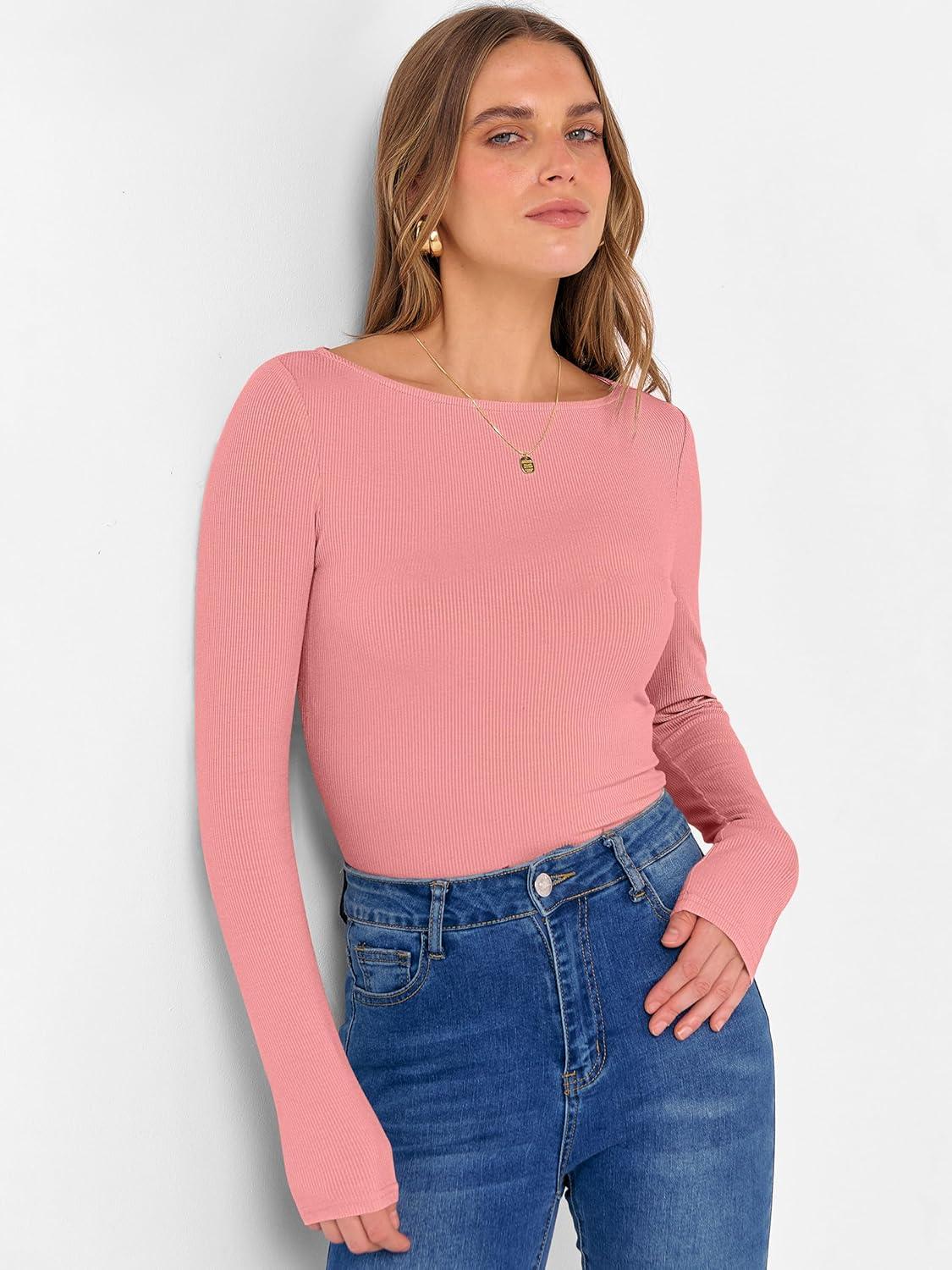 imageANRABESS Womens Boat Neck Long Sleeve Shirts Rib Knit Slim Fitting Tops Basic Tees 2025 Casual Comfy Fall Outfits ClothesCoral Pink
