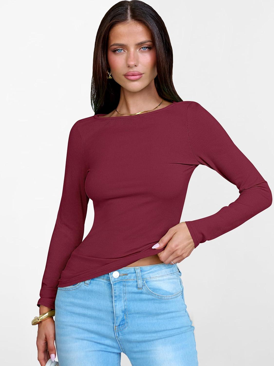 imageANRABESS Womens Boat Neck Long Sleeve Shirts Rib Knit Slim Fitting Tops Basic Tees 2025 Casual Comfy Fall Outfits ClothesDeep Red