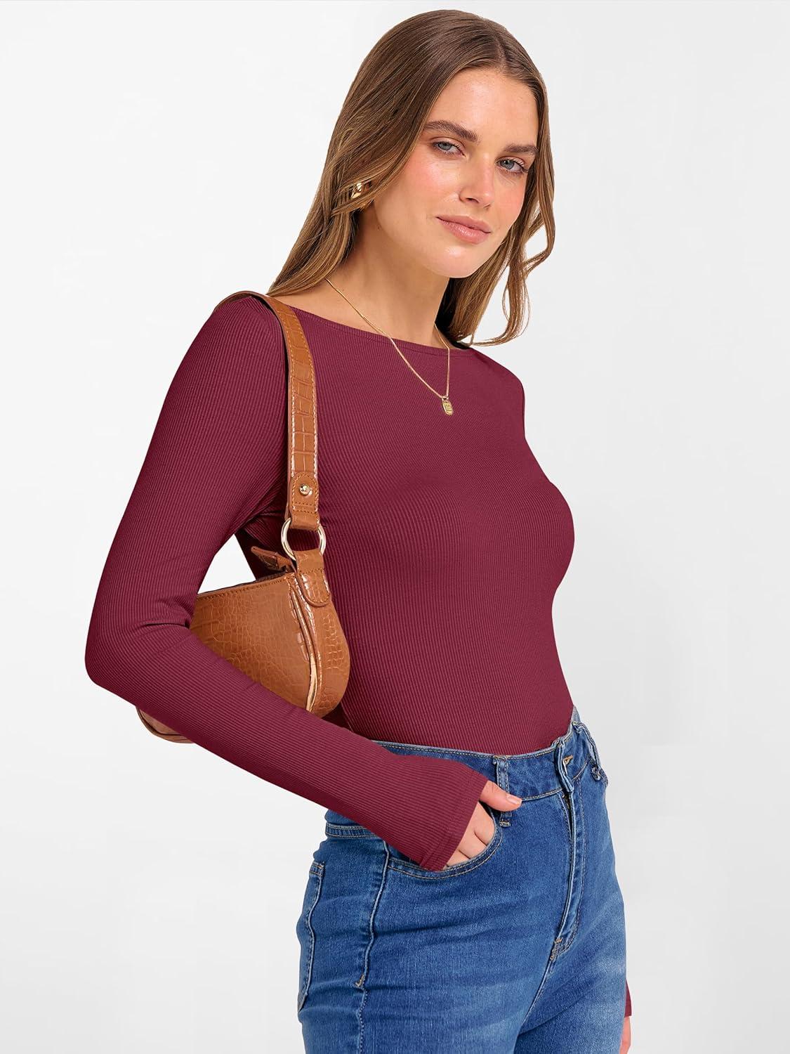 imageANRABESS Womens Boat Neck Long Sleeve Shirts Rib Knit Slim Fitting Tops Basic Tees 2025 Casual Comfy Fall Outfits ClothesDeep Red