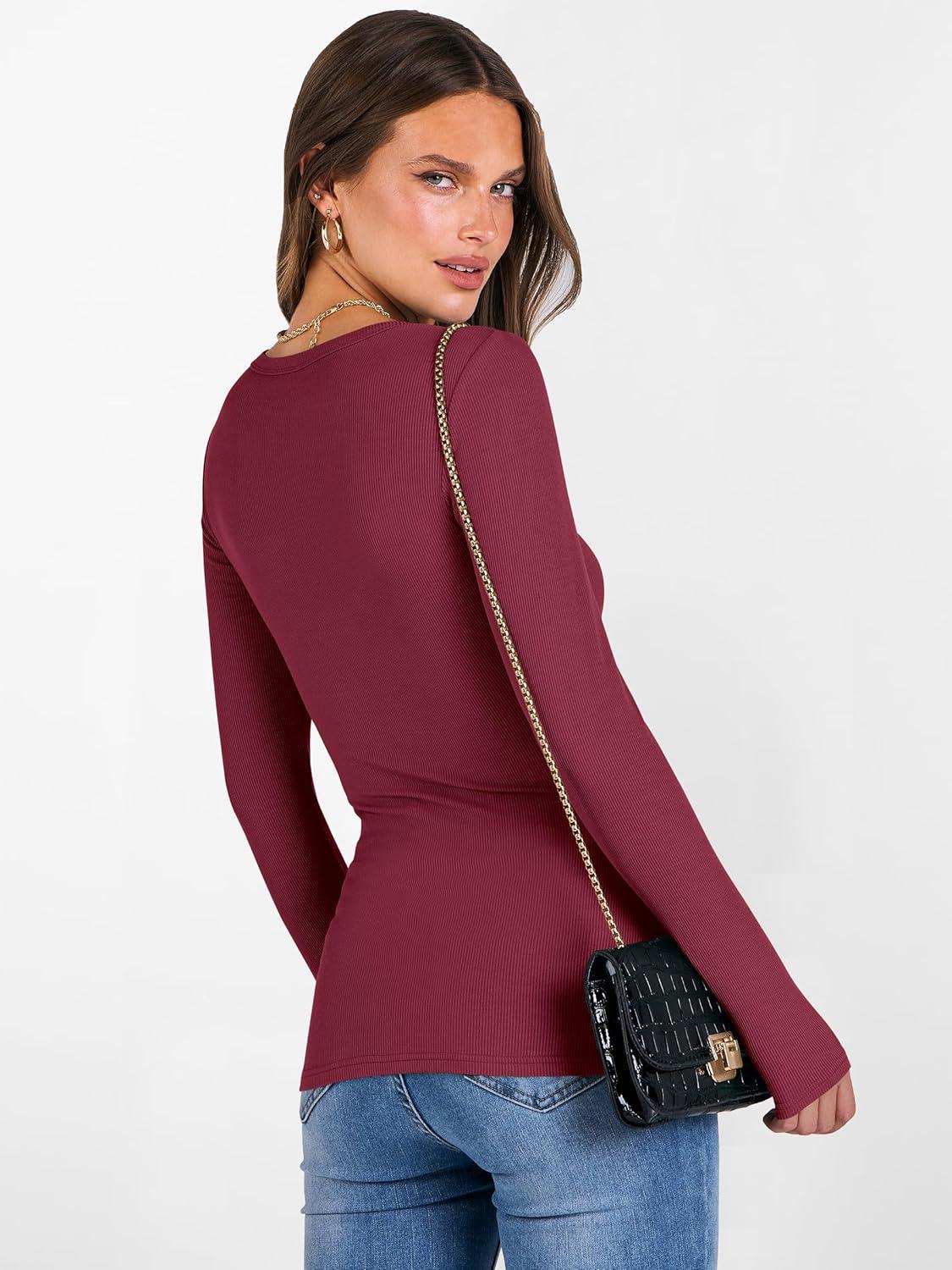 imageANRABESS Womens Boat Neck Long Sleeve Shirts Rib Knit Slim Fitting Tops Basic Tees 2025 Casual Comfy Fall Outfits ClothesDeep Red