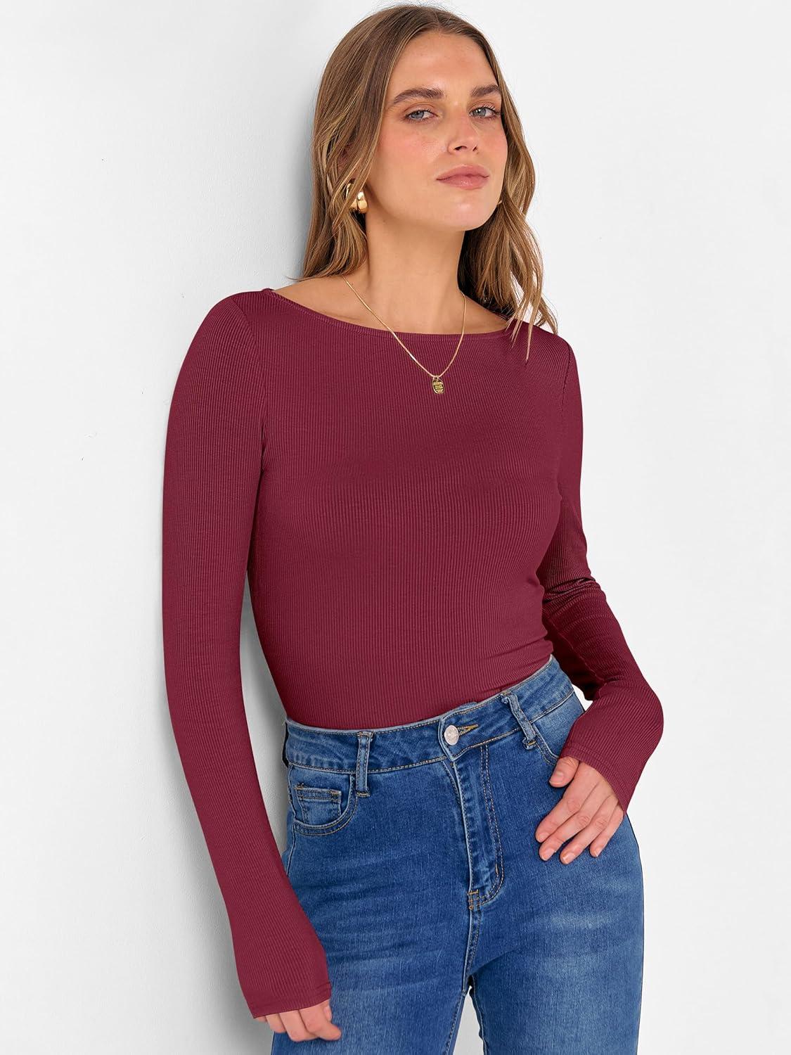 imageANRABESS Womens Boat Neck Long Sleeve Shirts Rib Knit Slim Fitting Tops Basic Tees 2025 Casual Comfy Fall Outfits ClothesDeep Red