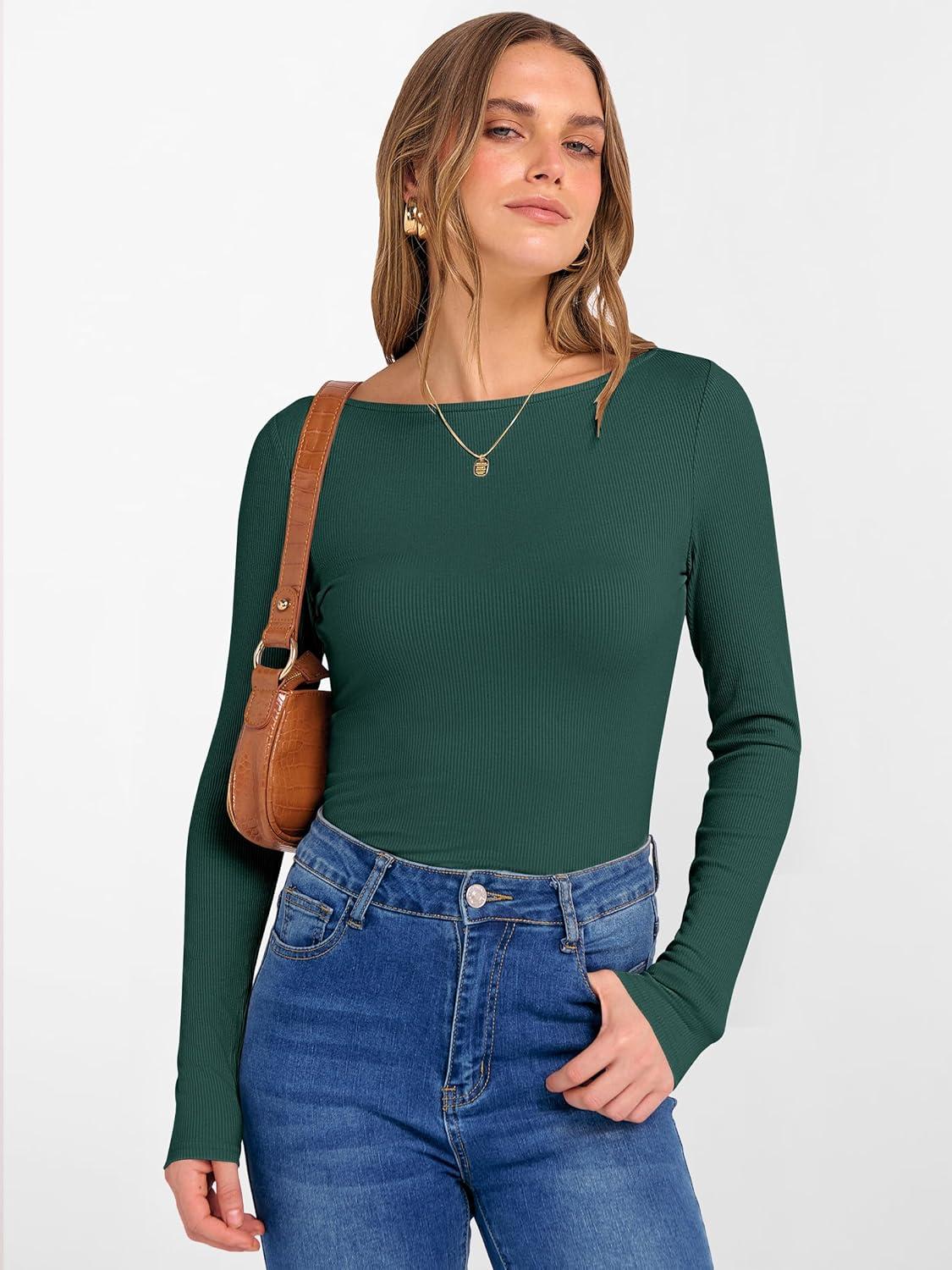 imageANRABESS Womens Boat Neck Long Sleeve Shirts Rib Knit Slim Fitting Tops Basic Tees 2025 Casual Comfy Fall Outfits ClothesForest Green