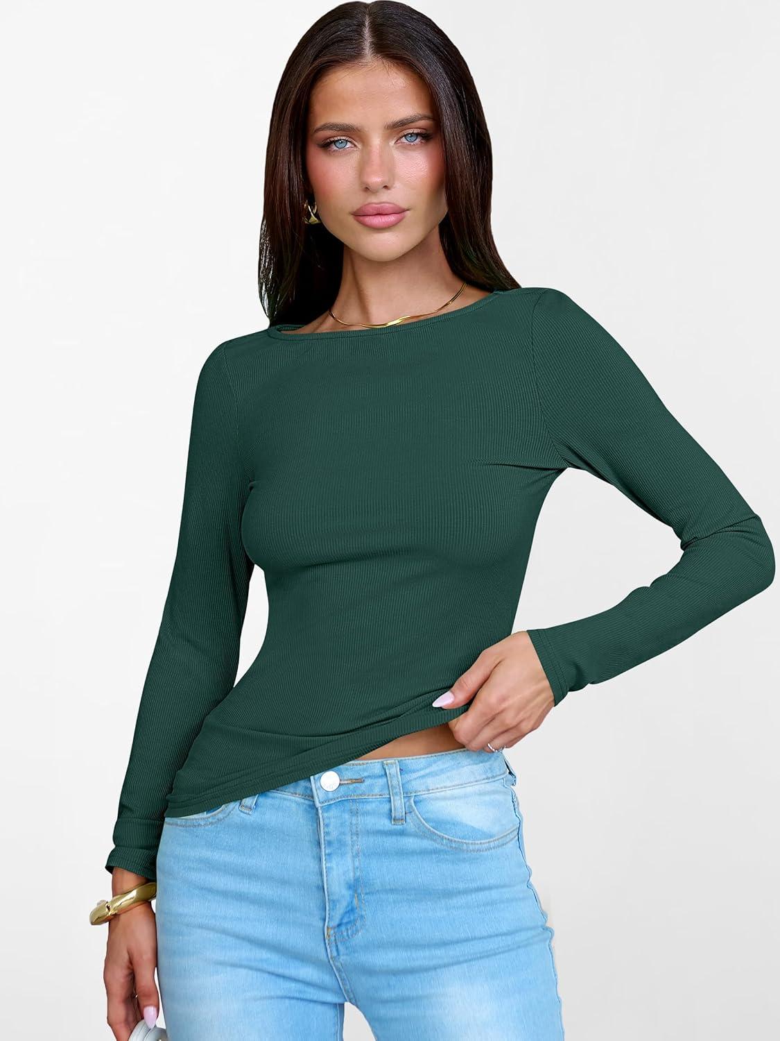 imageANRABESS Womens Boat Neck Long Sleeve Shirts Rib Knit Slim Fitting Tops Basic Tees 2025 Casual Comfy Fall Outfits ClothesForest Green