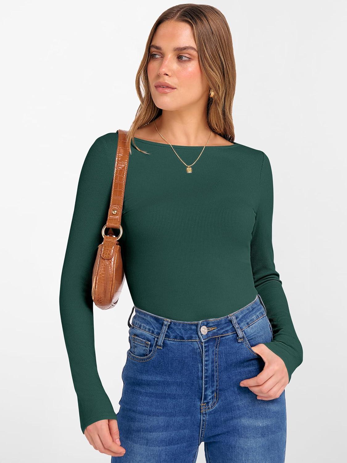 imageANRABESS Womens Boat Neck Long Sleeve Shirts Rib Knit Slim Fitting Tops Basic Tees 2025 Casual Comfy Fall Outfits ClothesForest Green