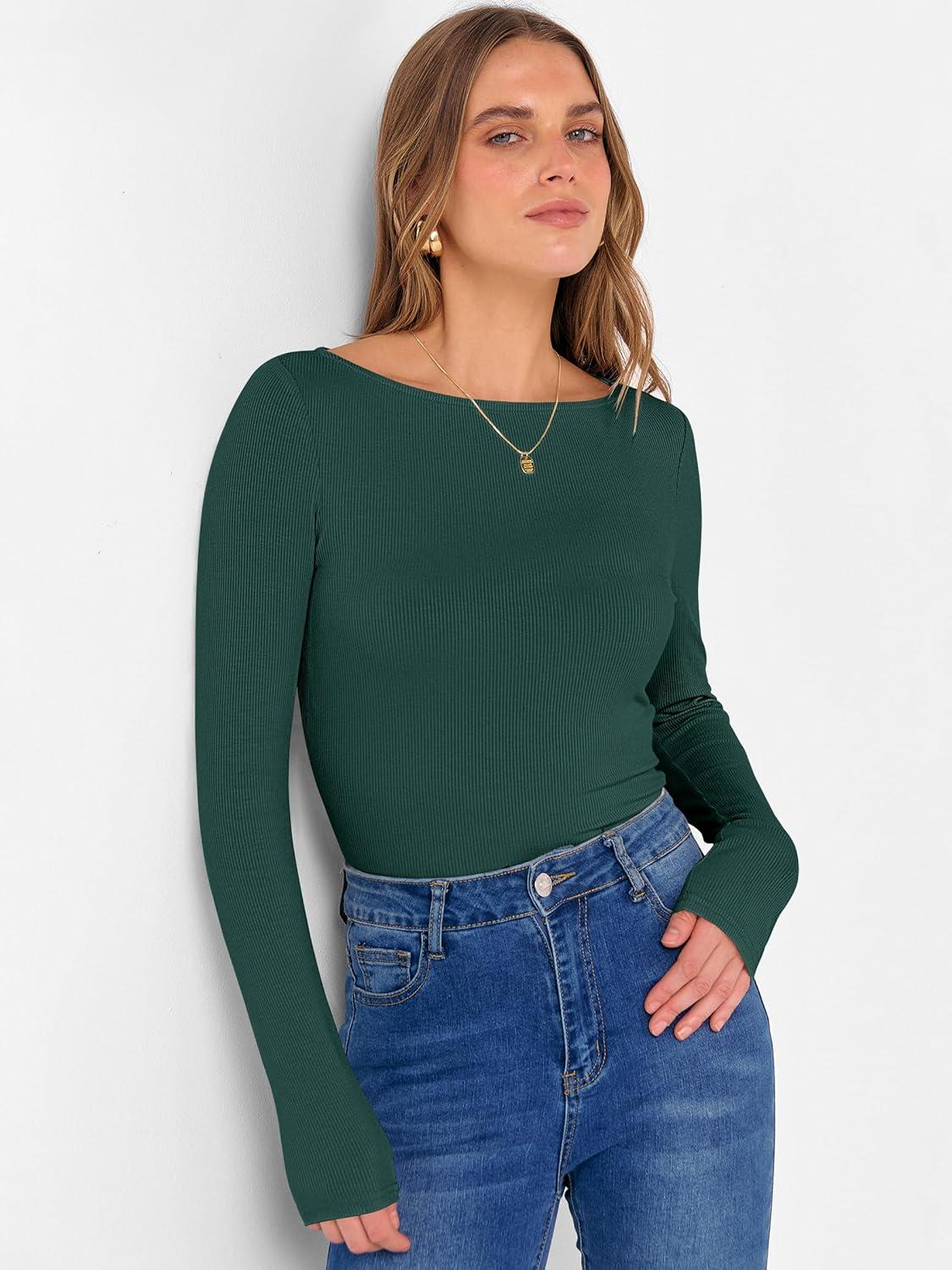 imageANRABESS Womens Boat Neck Long Sleeve Shirts Rib Knit Slim Fitting Tops Basic Tees 2025 Casual Comfy Fall Outfits ClothesForest Green