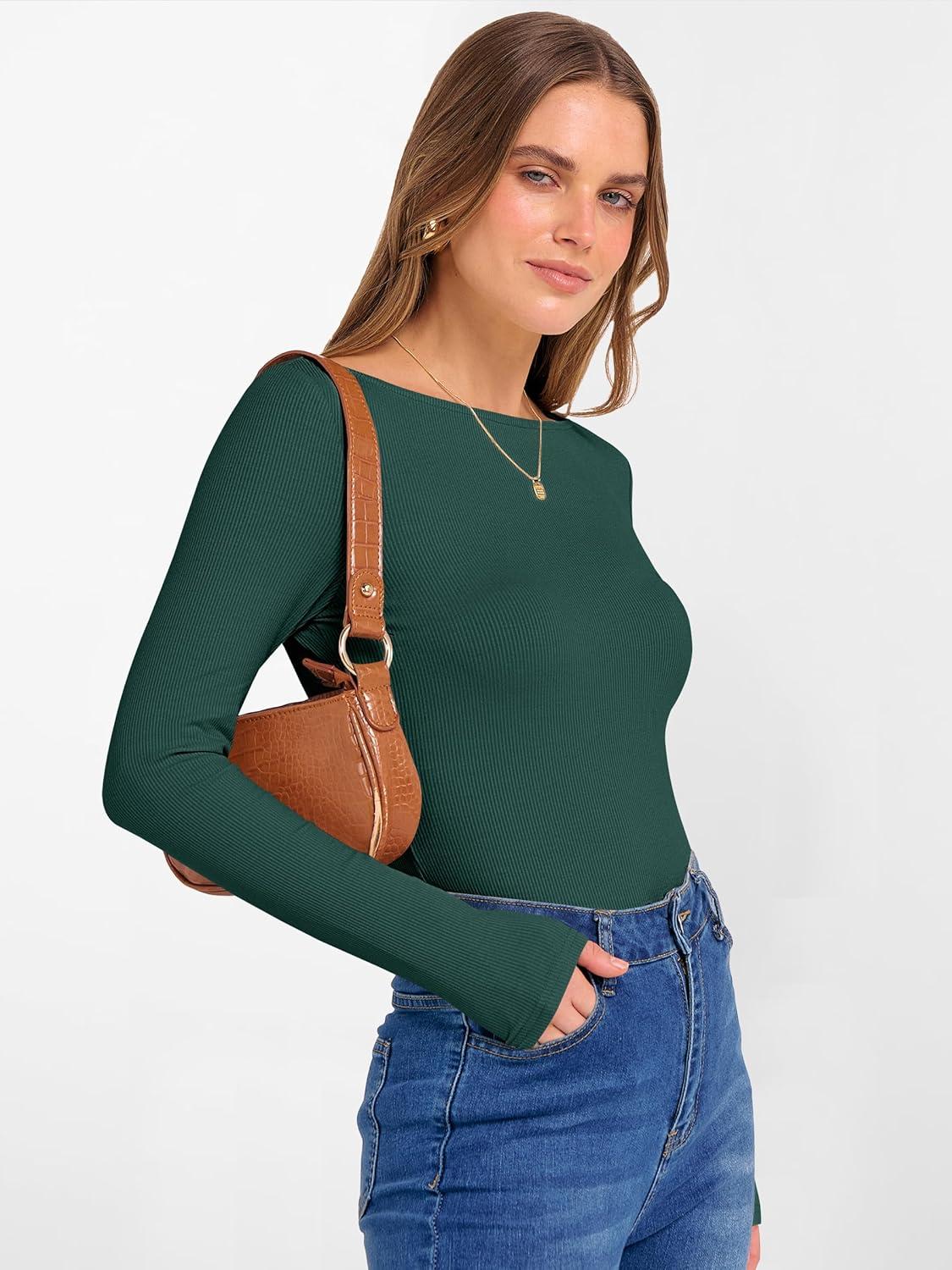 imageANRABESS Womens Boat Neck Long Sleeve Shirts Rib Knit Slim Fitting Tops Basic Tees 2025 Casual Comfy Fall Outfits ClothesForest Green