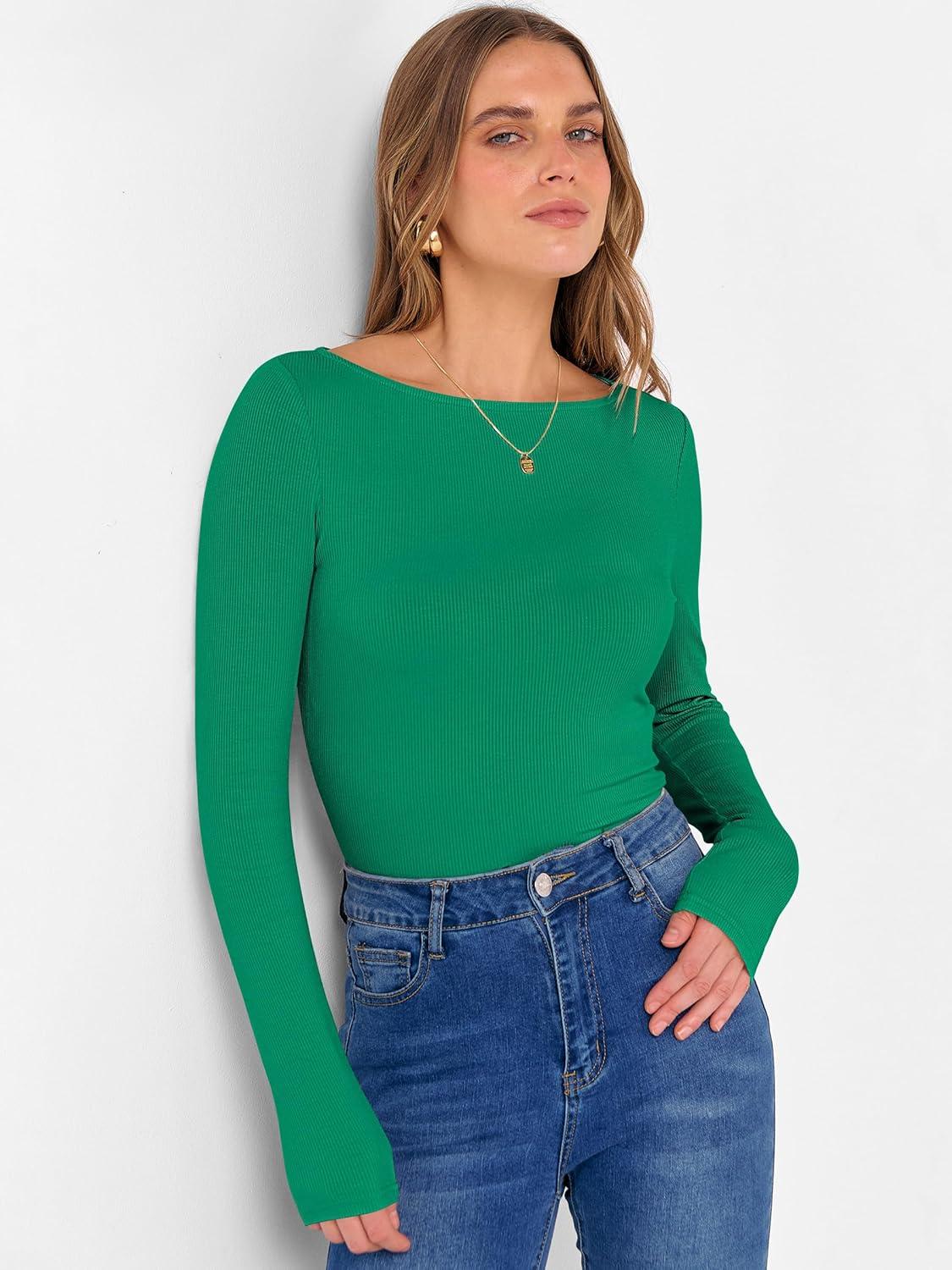 imageANRABESS Womens Boat Neck Long Sleeve Shirts Rib Knit Slim Fitting Tops Basic Tees 2025 Casual Comfy Fall Outfits ClothesGreen