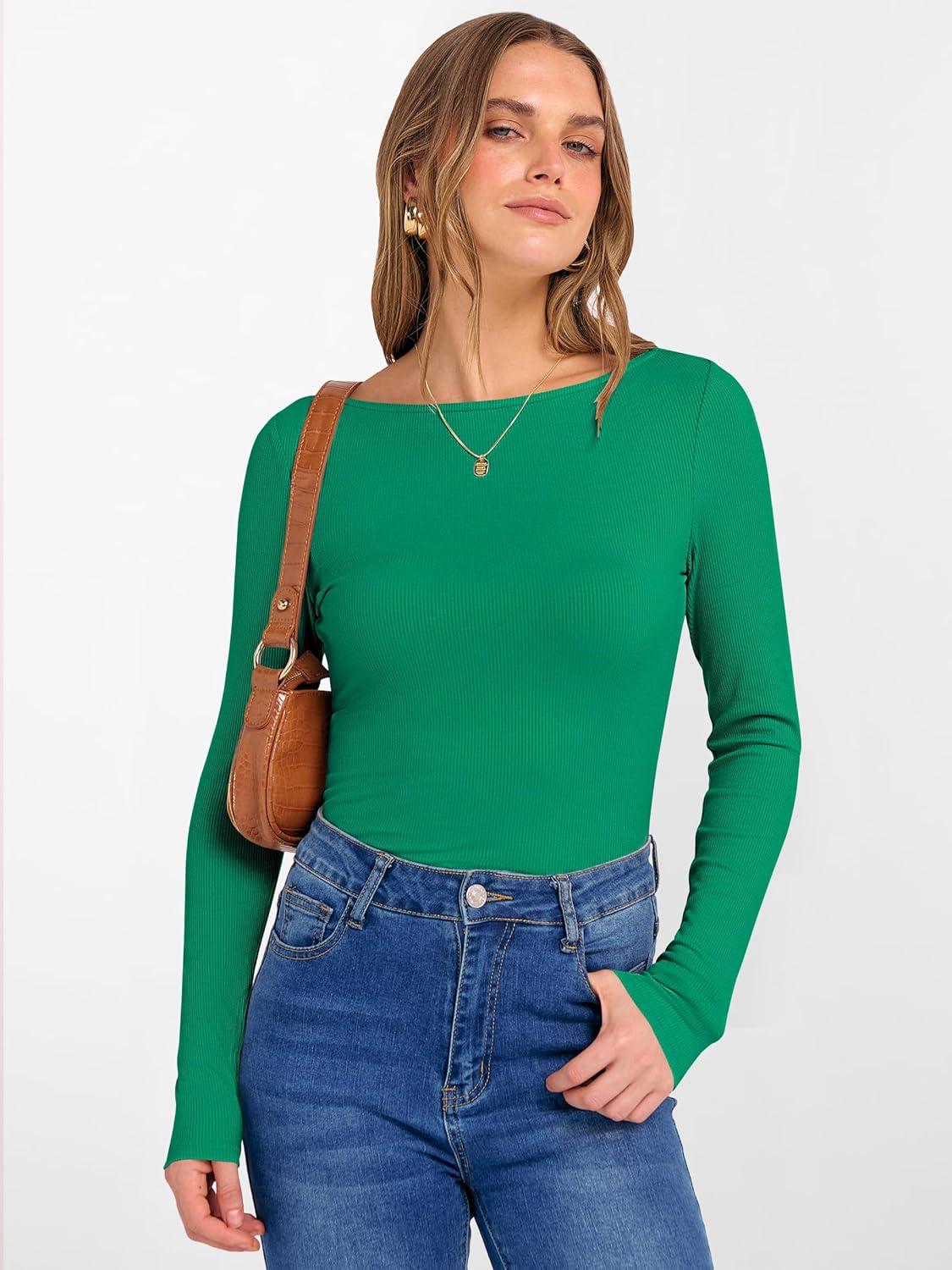 imageANRABESS Womens Boat Neck Long Sleeve Shirts Rib Knit Slim Fitting Tops Basic Tees 2025 Casual Comfy Fall Outfits ClothesGreen