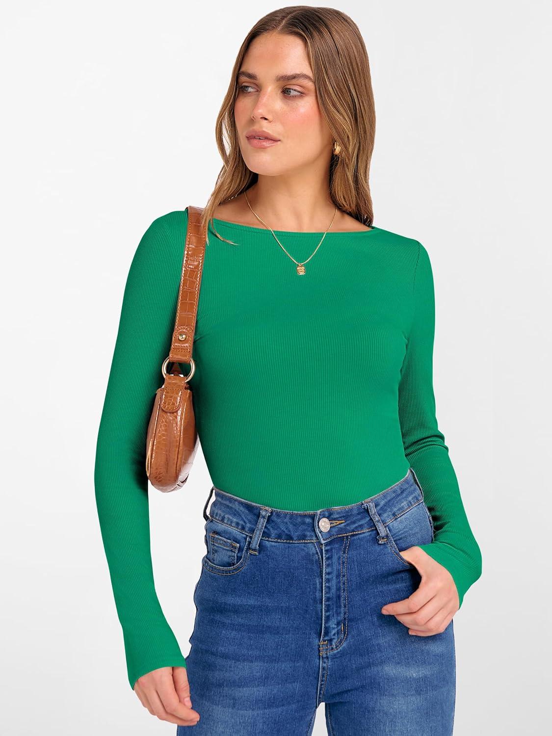 imageANRABESS Womens Boat Neck Long Sleeve Shirts Rib Knit Slim Fitting Tops Basic Tees 2025 Casual Comfy Fall Outfits ClothesGreen