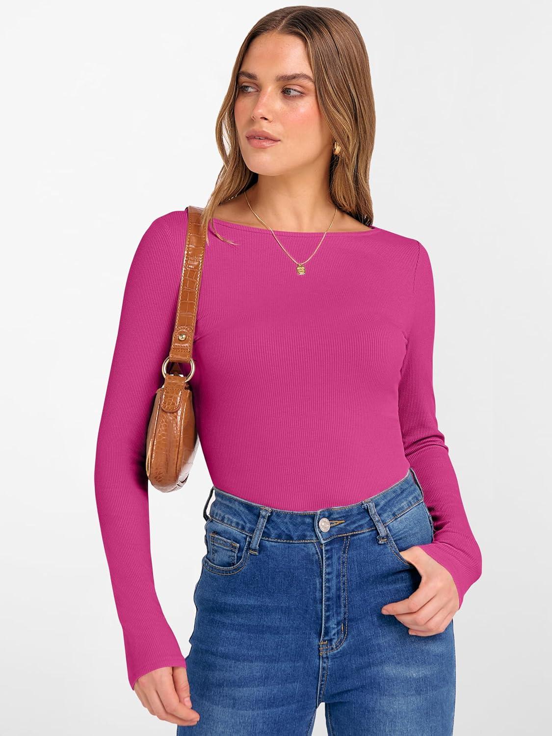 imageANRABESS Womens Boat Neck Long Sleeve Shirts Rib Knit Slim Fitting Tops Basic Tees 2025 Casual Comfy Fall Outfits ClothesHot Pink