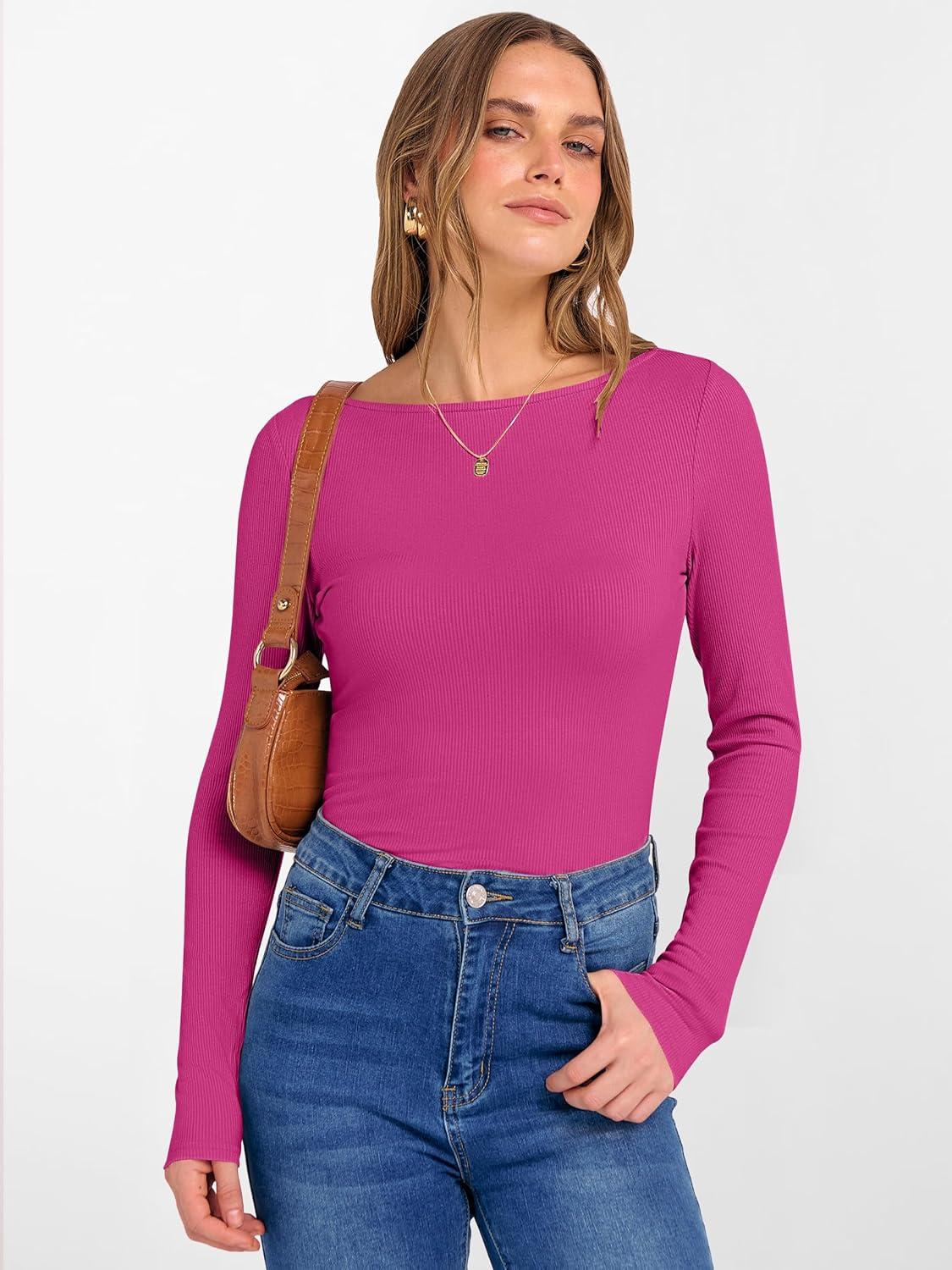 imageANRABESS Womens Boat Neck Long Sleeve Shirts Rib Knit Slim Fitting Tops Basic Tees 2025 Casual Comfy Fall Outfits ClothesHot Pink