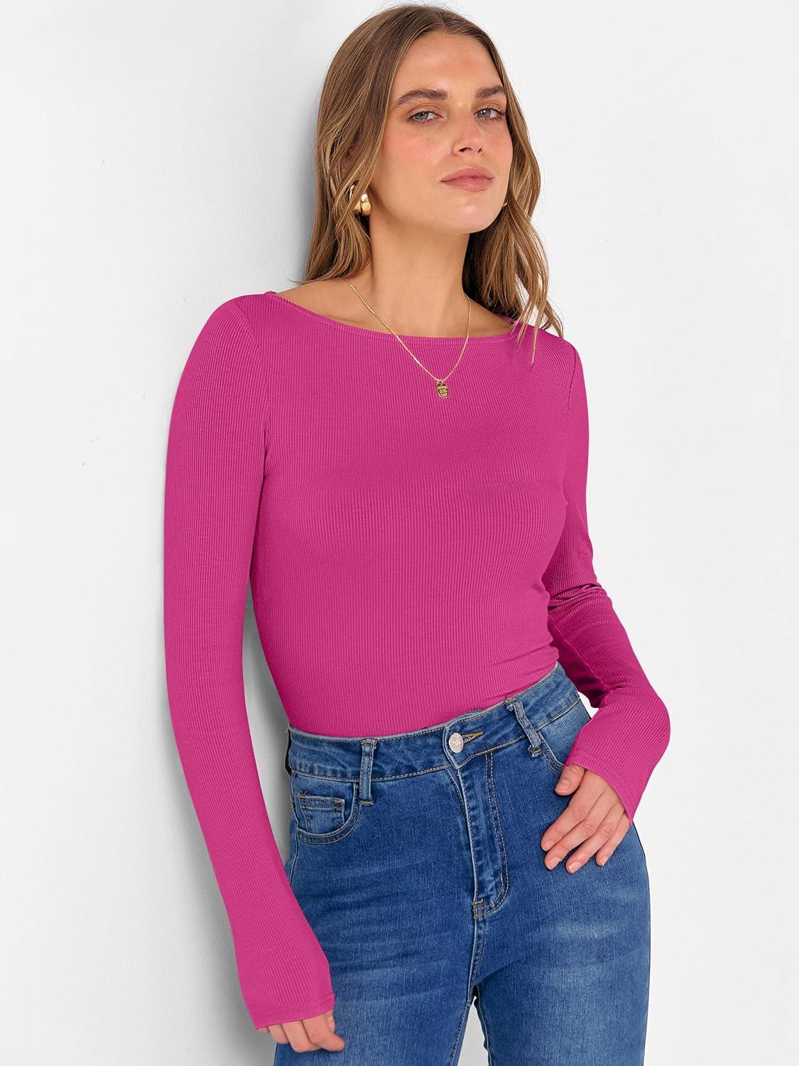 imageANRABESS Womens Boat Neck Long Sleeve Shirts Rib Knit Slim Fitting Tops Basic Tees 2025 Casual Comfy Fall Outfits ClothesHot Pink
