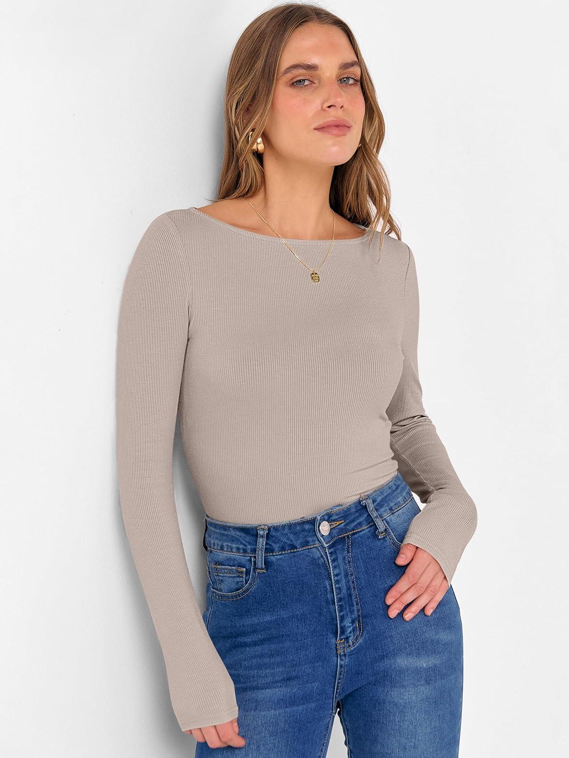 imageANRABESS Womens Boat Neck Long Sleeve Shirts Rib Knit Slim Fitting Tops Basic Tees 2025 Casual Comfy Fall Outfits ClothesKhaki