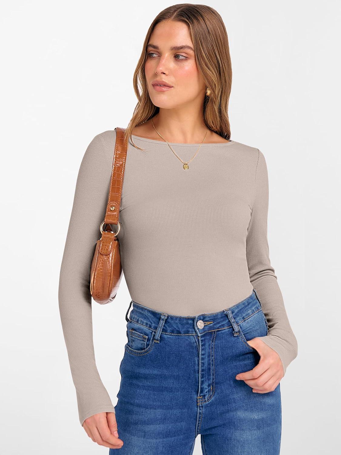 imageANRABESS Womens Boat Neck Long Sleeve Shirts Rib Knit Slim Fitting Tops Basic Tees 2025 Casual Comfy Fall Outfits ClothesKhaki