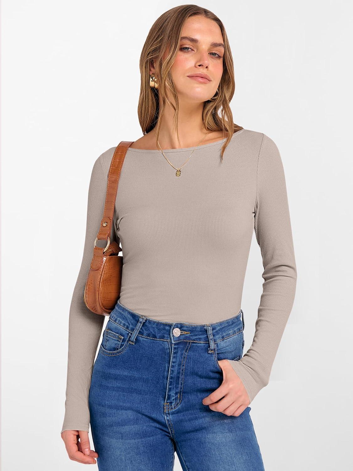 imageANRABESS Womens Boat Neck Long Sleeve Shirts Rib Knit Slim Fitting Tops Basic Tees 2025 Casual Comfy Fall Outfits ClothesKhaki