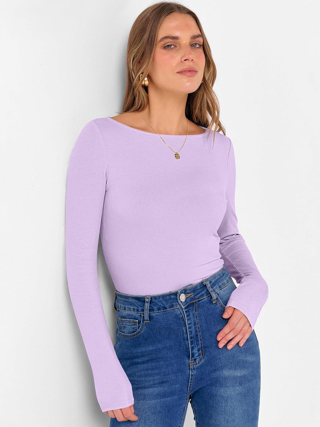 imageANRABESS Womens Boat Neck Long Sleeve Shirts Rib Knit Slim Fitting Tops Basic Tees 2025 Casual Comfy Fall Outfits ClothesLight Purple
