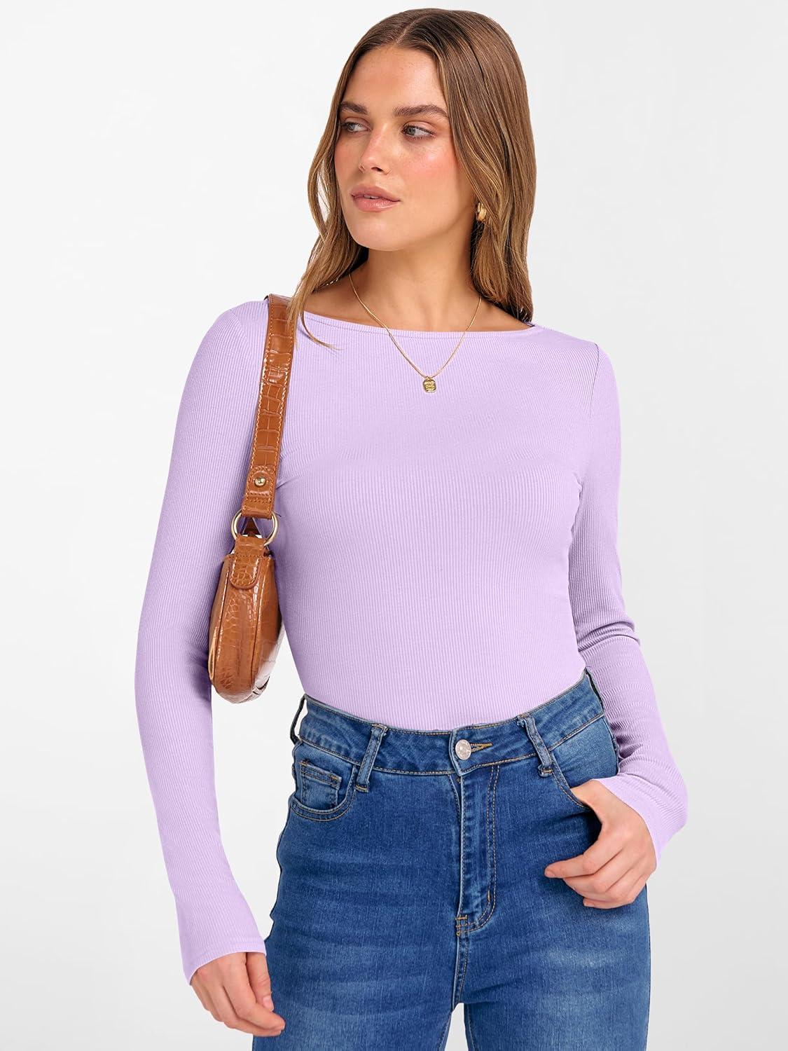imageANRABESS Womens Boat Neck Long Sleeve Shirts Rib Knit Slim Fitting Tops Basic Tees 2025 Casual Comfy Fall Outfits ClothesLight Purple
