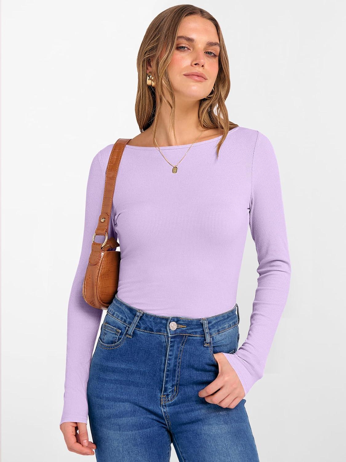 imageANRABESS Womens Boat Neck Long Sleeve Shirts Rib Knit Slim Fitting Tops Basic Tees 2025 Casual Comfy Fall Outfits ClothesLight Purple