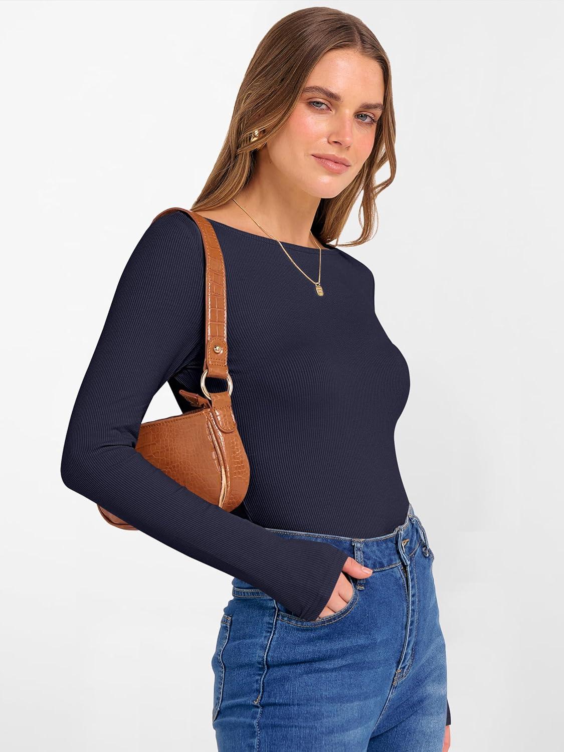 imageANRABESS Womens Boat Neck Long Sleeve Shirts Rib Knit Slim Fitting Tops Basic Tees 2025 Casual Comfy Fall Outfits ClothesNavy Blue