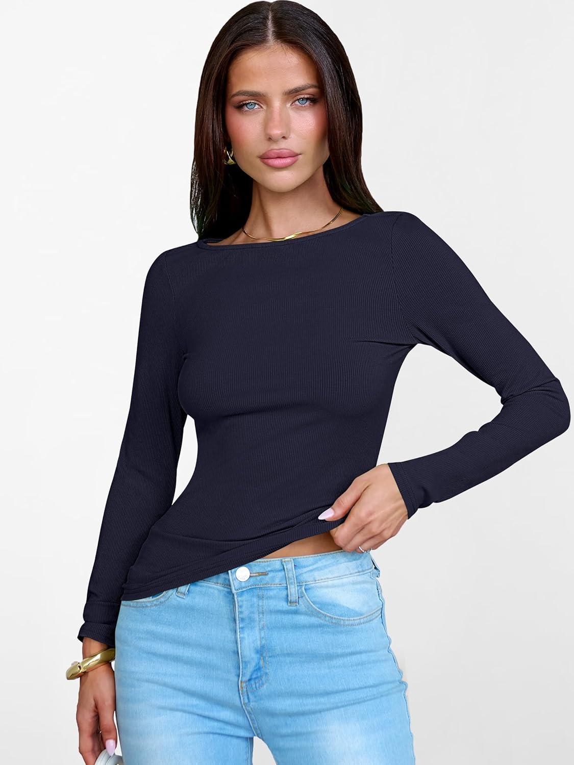 imageANRABESS Womens Boat Neck Long Sleeve Shirts Rib Knit Slim Fitting Tops Basic Tees 2025 Casual Comfy Fall Outfits ClothesNavy Blue