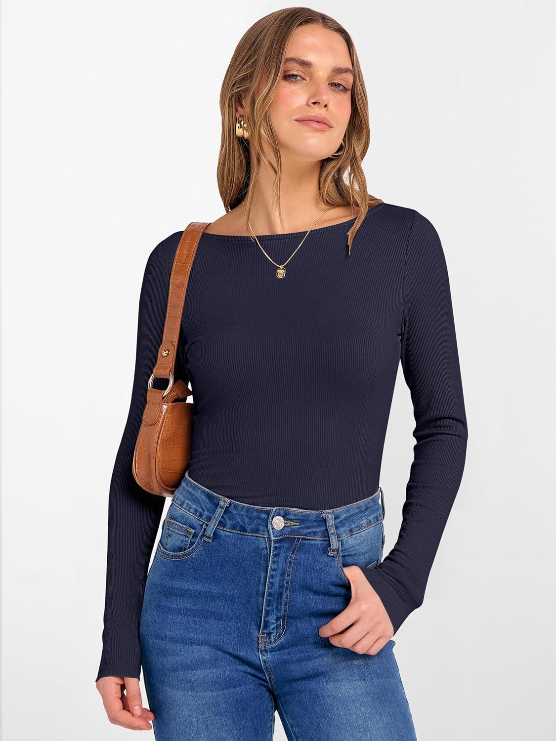 imageANRABESS Womens Boat Neck Long Sleeve Shirts Rib Knit Slim Fitting Tops Basic Tees 2025 Casual Comfy Fall Outfits ClothesNavy Blue