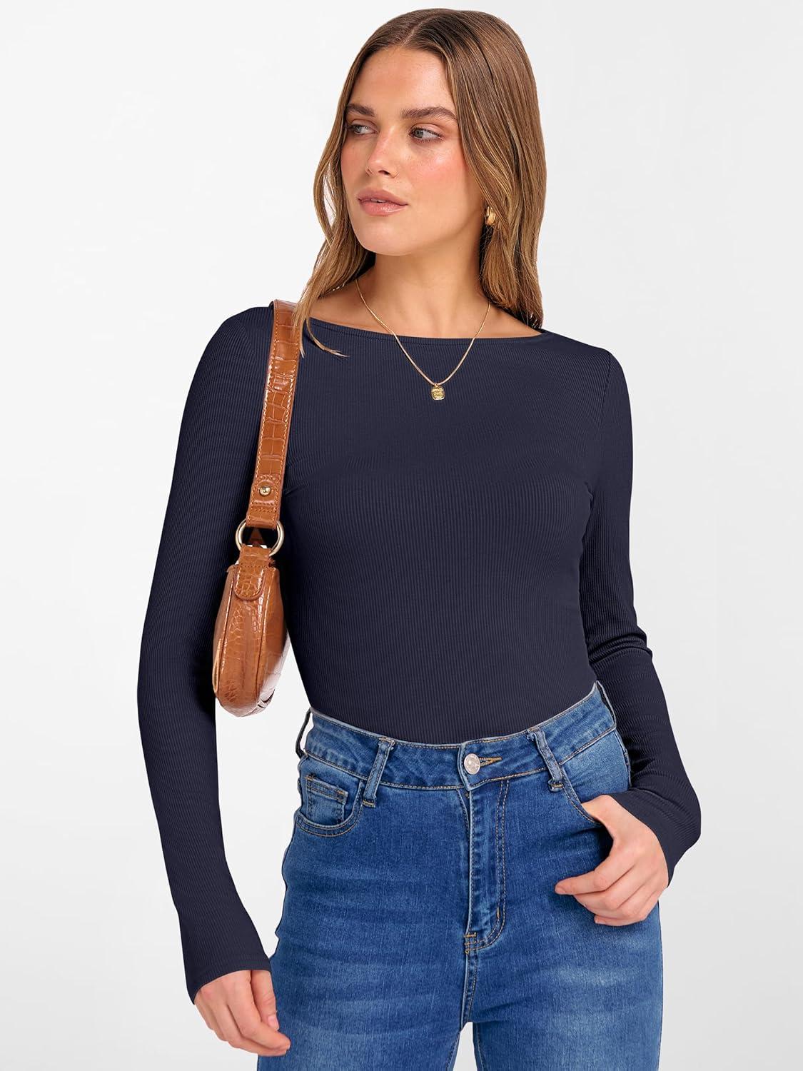 imageANRABESS Womens Boat Neck Long Sleeve Shirts Rib Knit Slim Fitting Tops Basic Tees 2025 Casual Comfy Fall Outfits ClothesNavy Blue