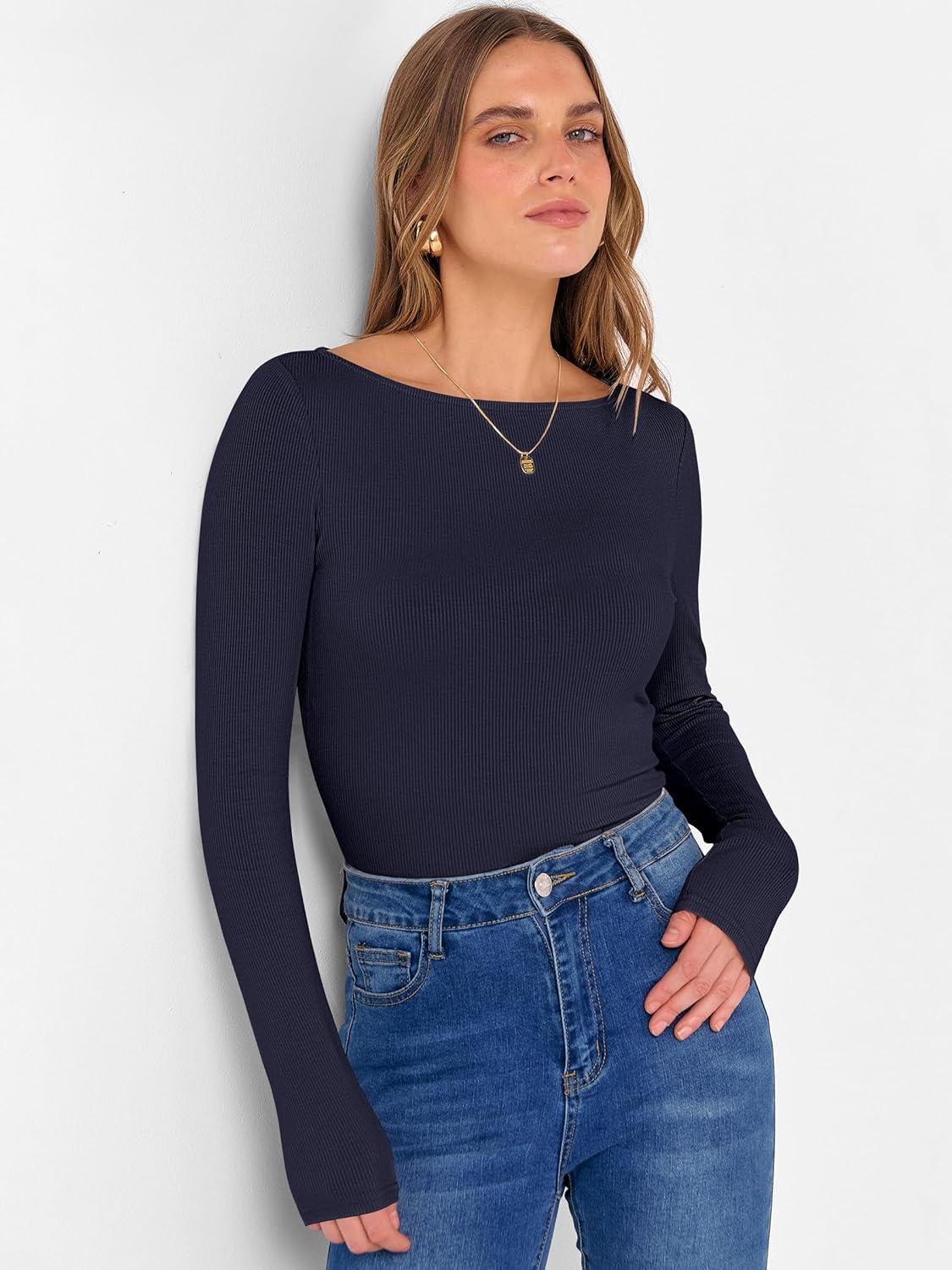 imageANRABESS Womens Boat Neck Long Sleeve Shirts Rib Knit Slim Fitting Tops Basic Tees 2025 Casual Comfy Fall Outfits ClothesNavy Blue