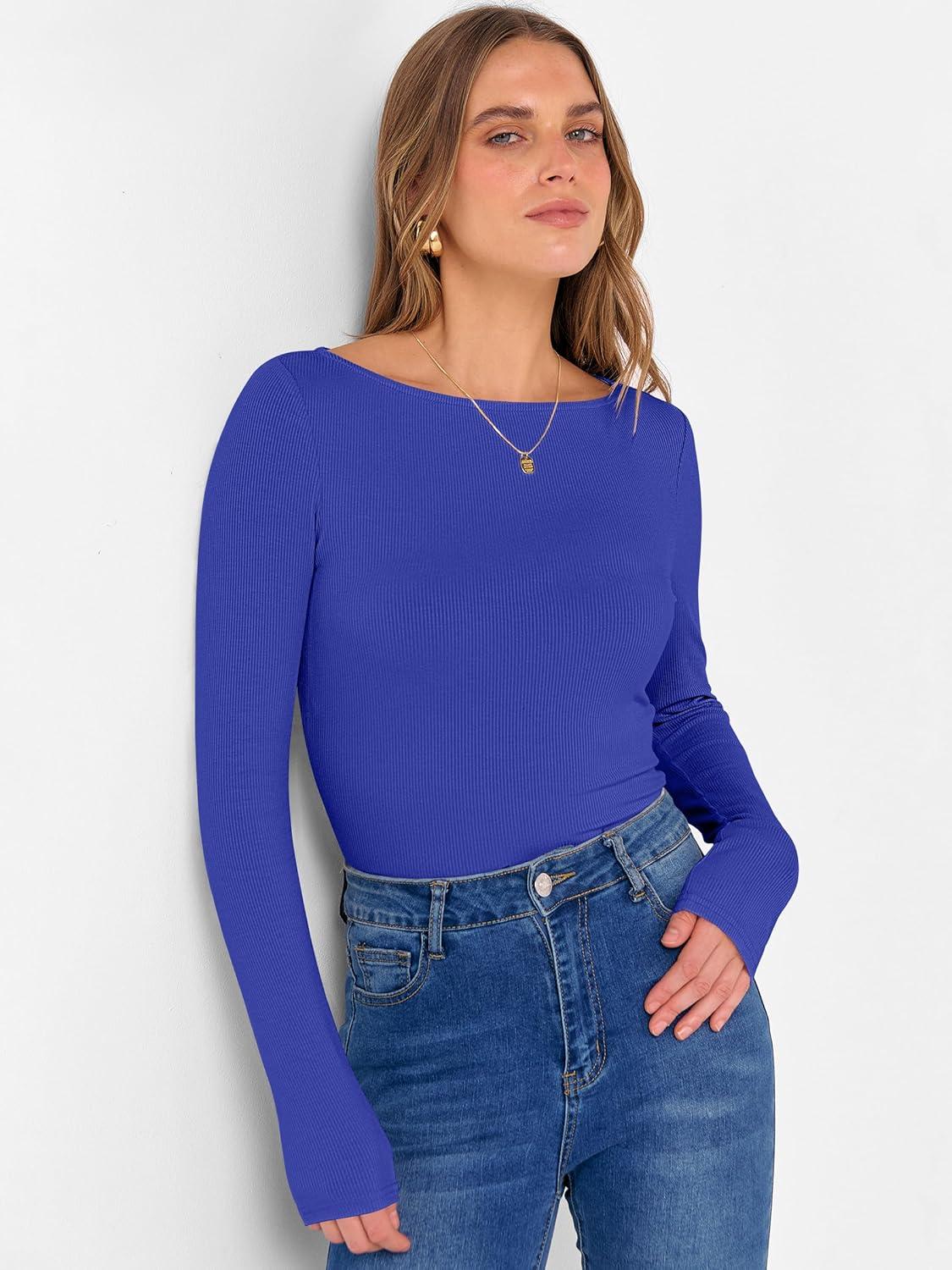 imageANRABESS Womens Boat Neck Long Sleeve Shirts Rib Knit Slim Fitting Tops Basic Tees 2025 Casual Comfy Fall Outfits ClothesRolay Blue