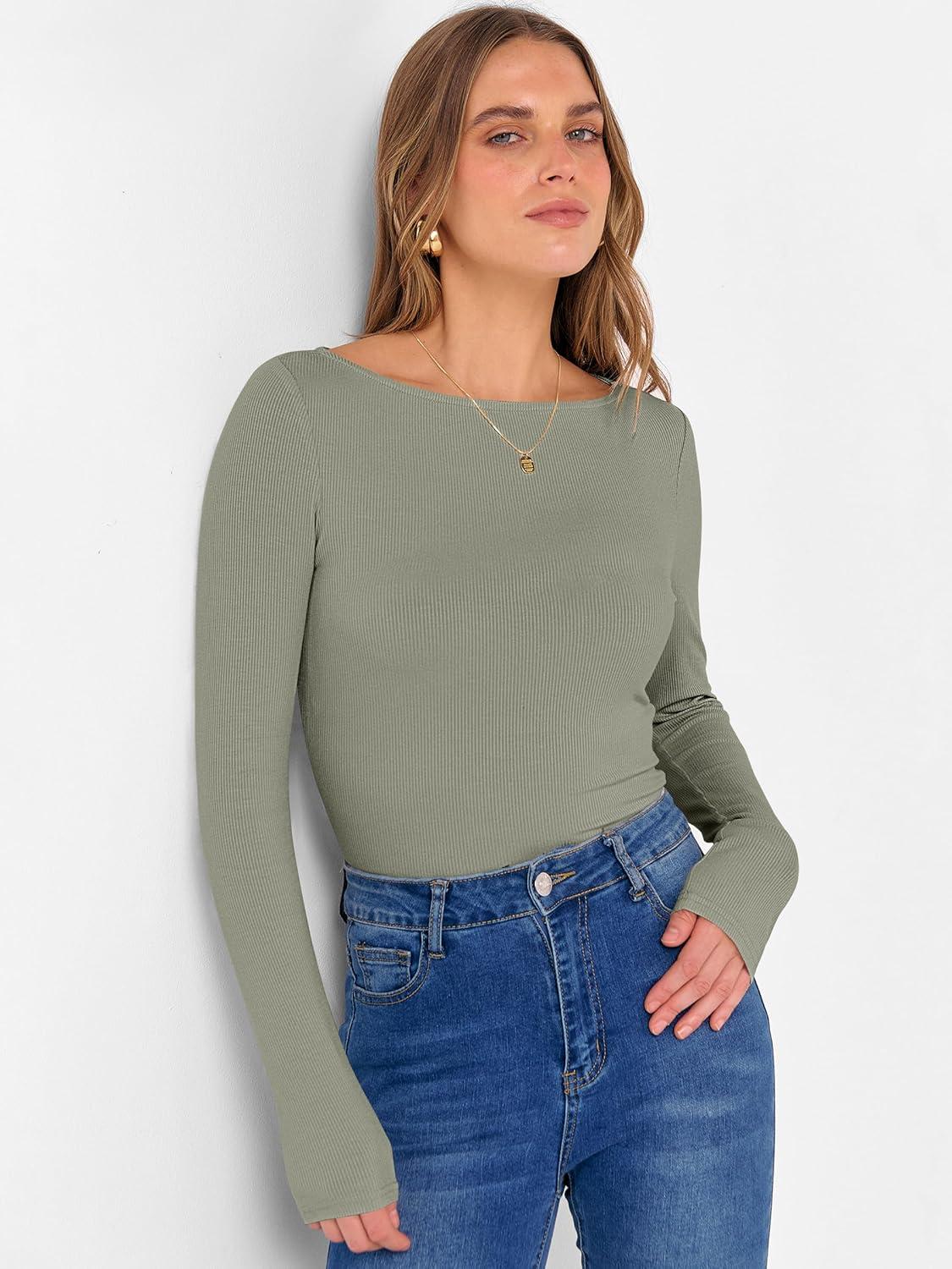 imageANRABESS Womens Boat Neck Long Sleeve Shirts Rib Knit Slim Fitting Tops Basic Tees 2025 Casual Comfy Fall Outfits ClothesSaga Green